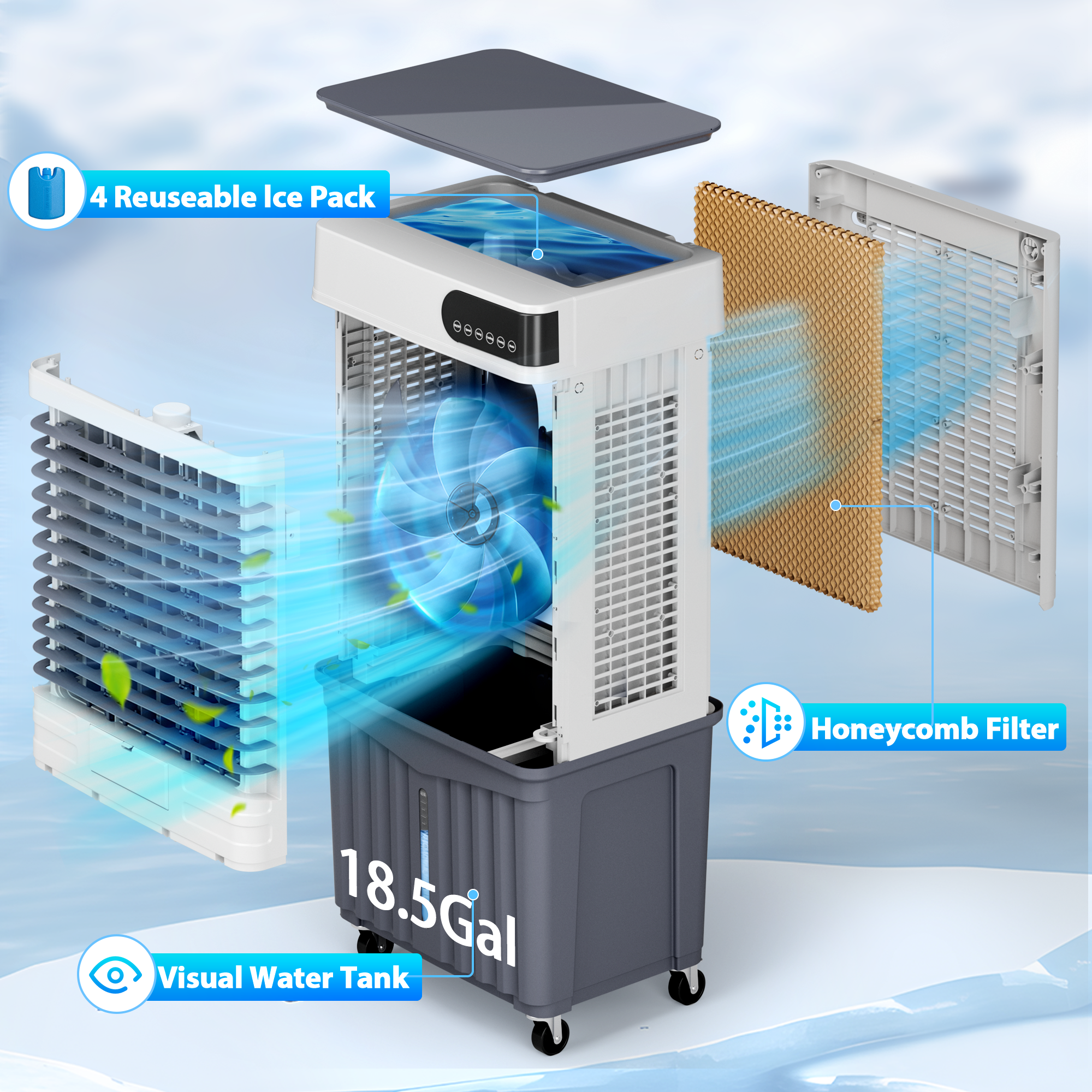 Manastin Evaporative Air Cooler, 3d Cooling, 18.5 Gallon Tank, 3 Speeds, 12 Hour Timer, 3 Ice Boxes, Indoor or Outdoor Use, Energy-Saving