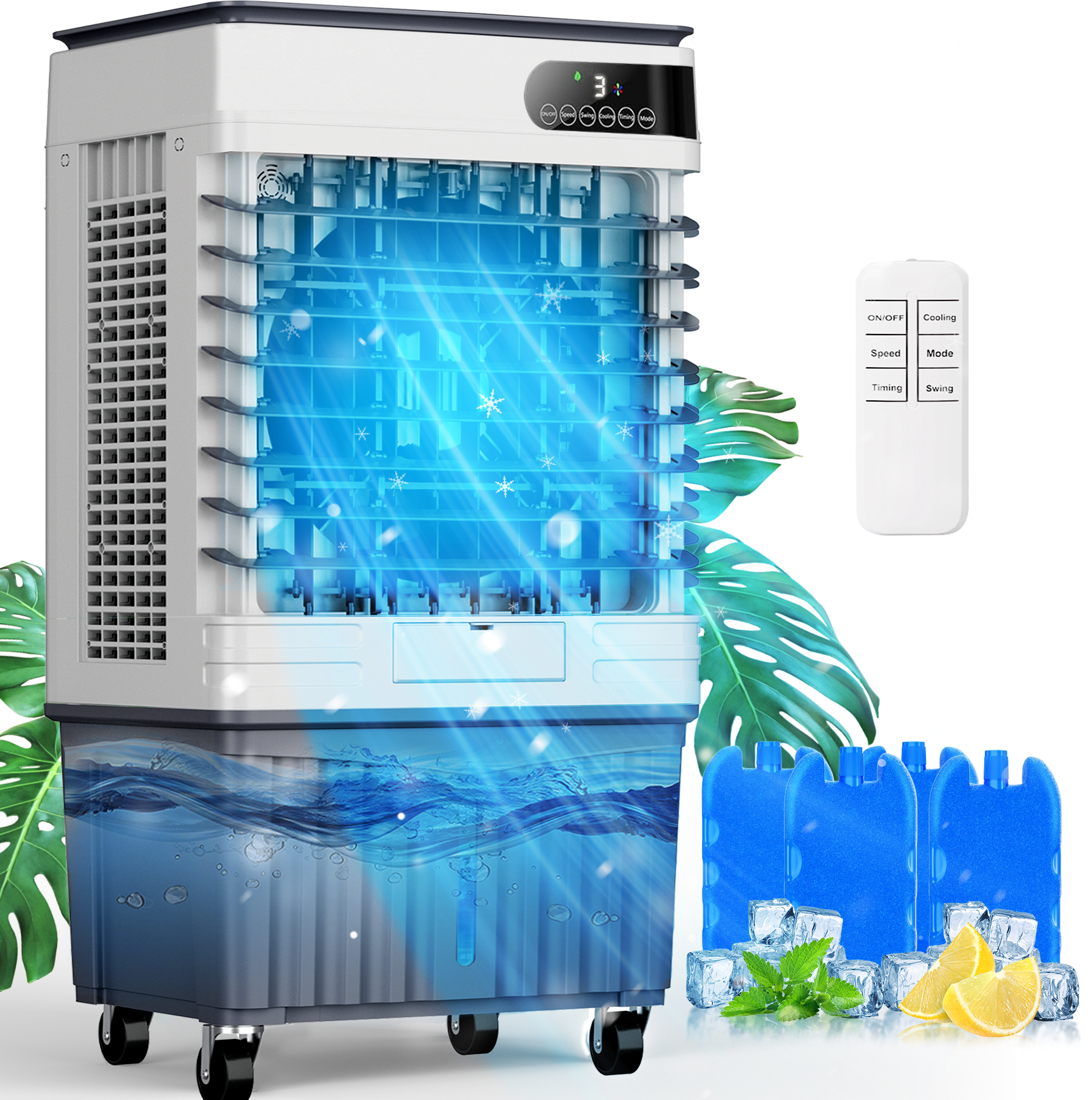 Portable Evaporative Air Cooler, 3400 CFM Swamp Cooler with large 13.5 Gal Water Tank & 4 Oversized Ice Box, 120° Swing, Upgraded Remote, 12H Timer, 4-in-1 Air Cooling Fan for Outdoor Indoor, 42 inch