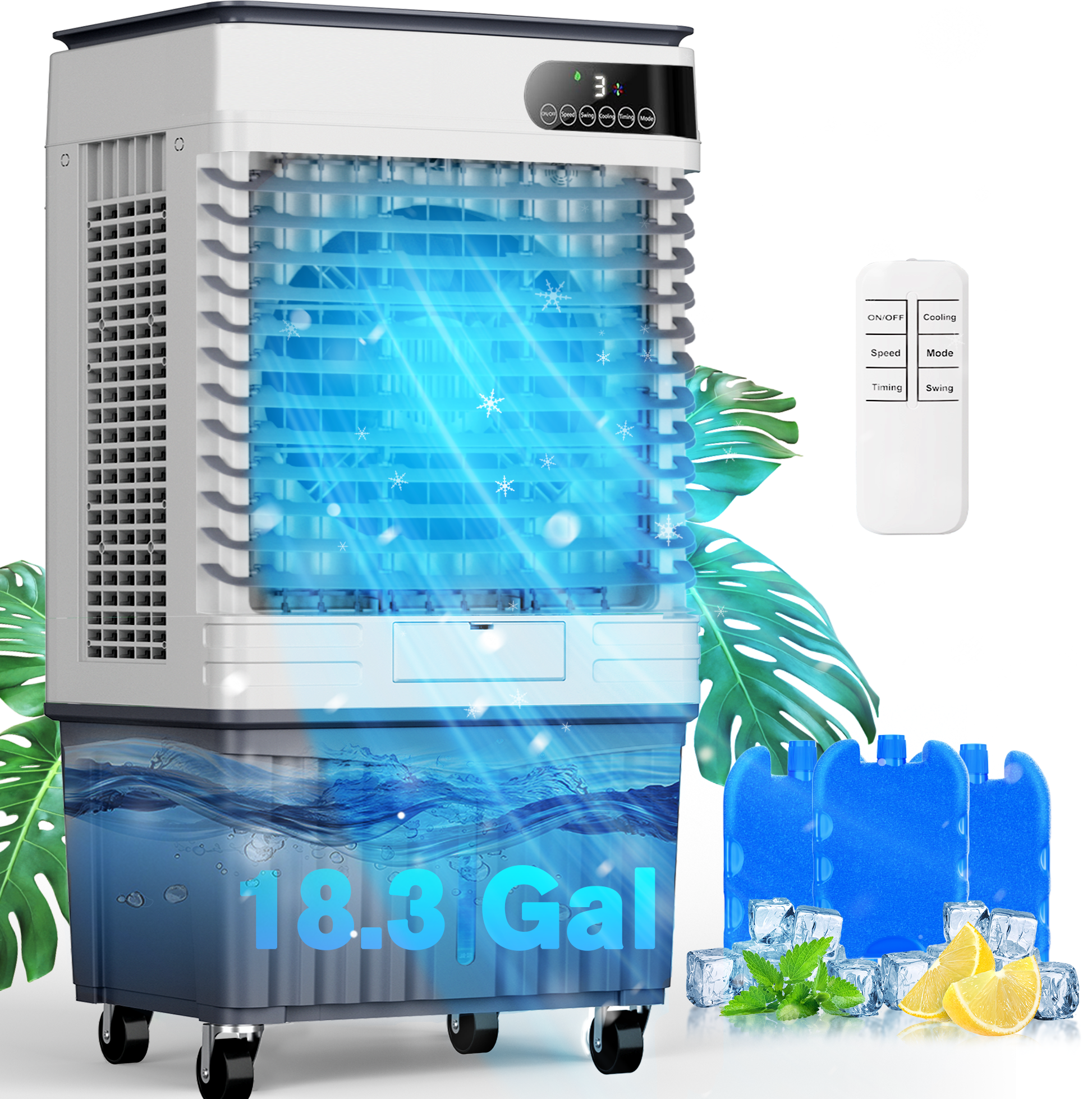 Swamp Cooler Air Conditioners, 4-IN-1 Portable Evaporative Cooler Cools Up to 1500 Sq.Ft, Large 18.5Gal Tank for 24/7 Cooling, Low Noise Cooling Fan with Remote Control Fits for Large Rooms