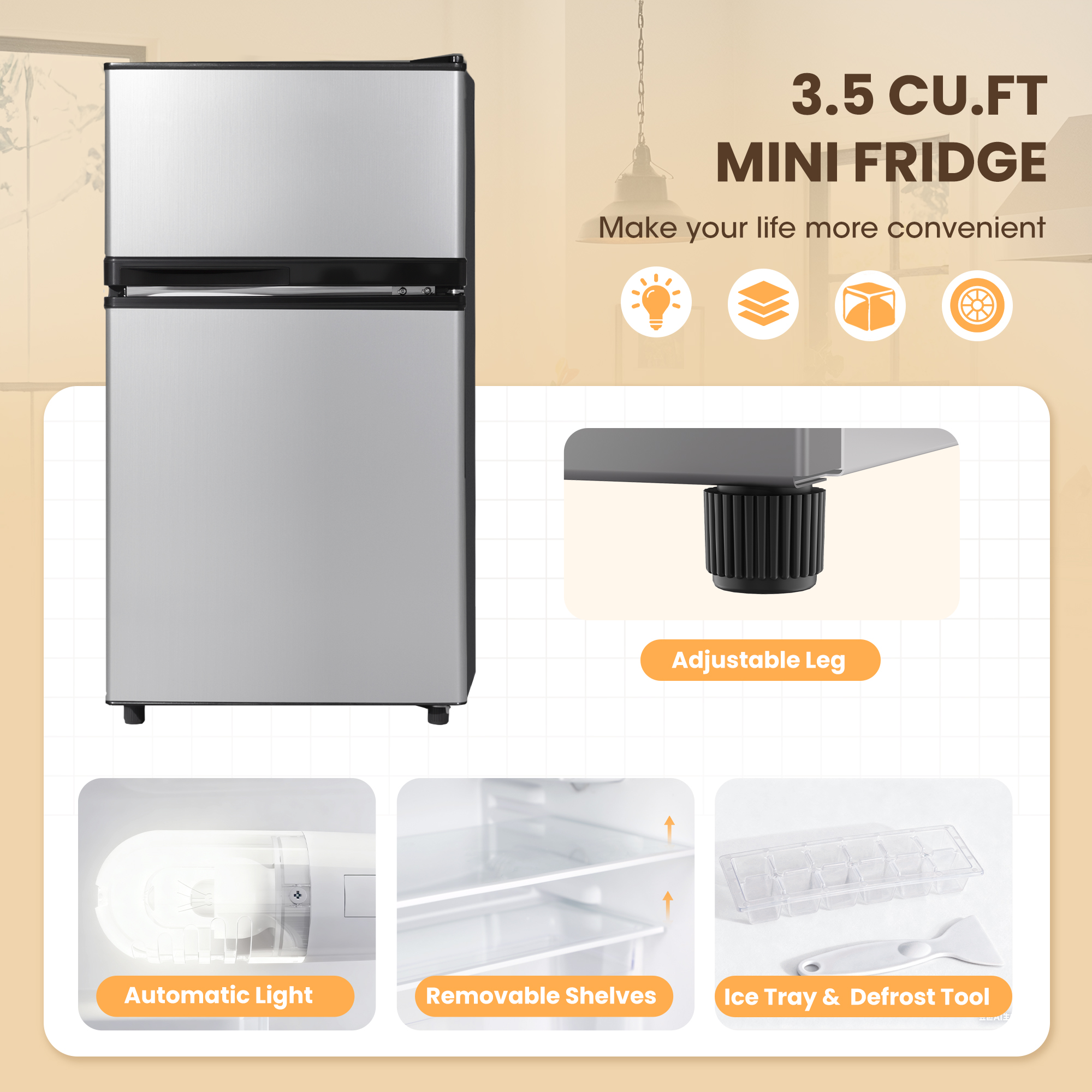 3.55 Cu.Ft Mini Fridge with Freezer, Dual-Door Compact Refrigerator for Office, Kitchen, Dorm & Bedroom, Adjustable Shelves,Matte Silver