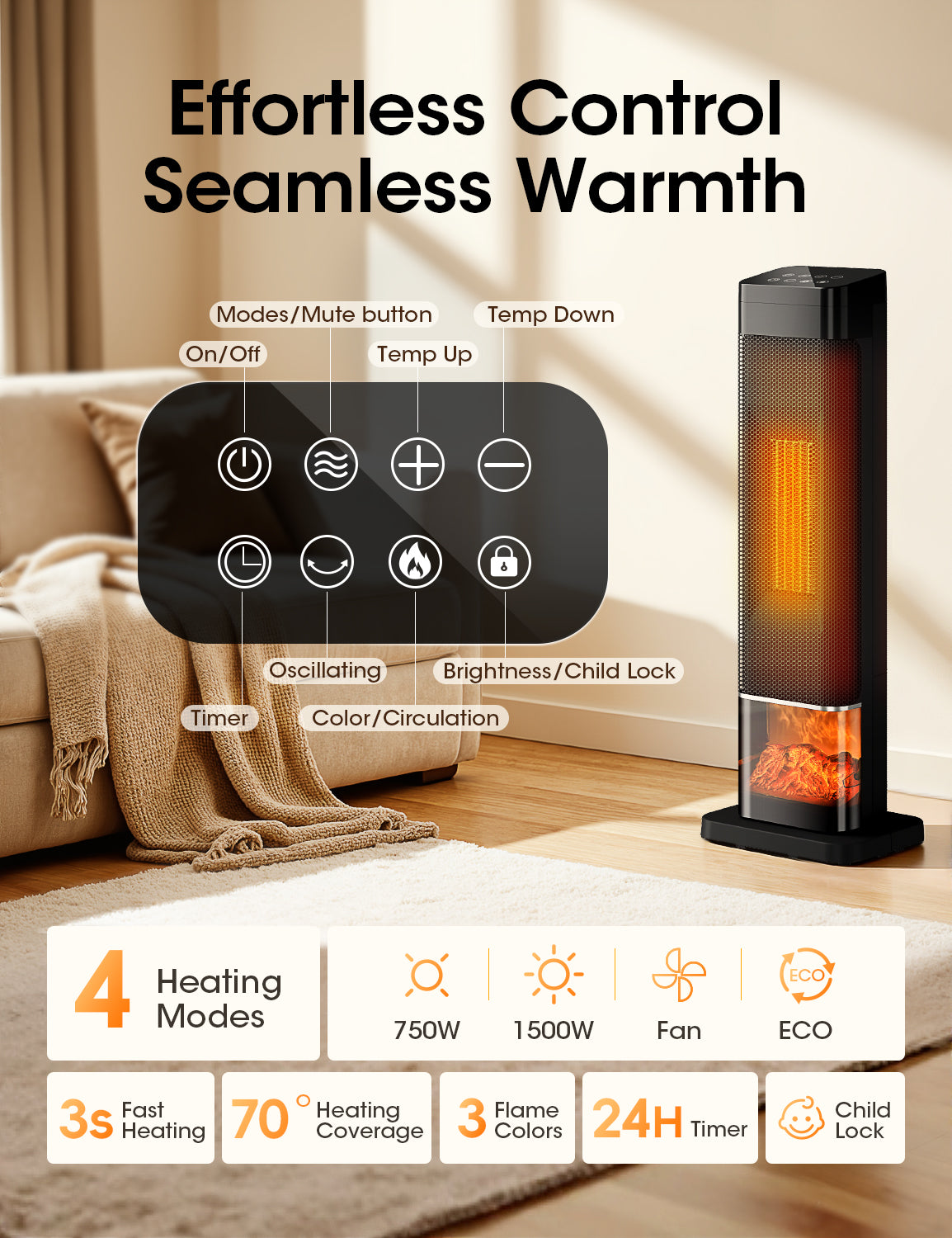 Manastin 24" Electric Heater for Indoor Use, Oscillating Tower Space Heater with Remote, Fireplace Effect, Timer, Child Lock & Safety Protection, Quiet Portable Heater for Office, Under Desk, Bedroom