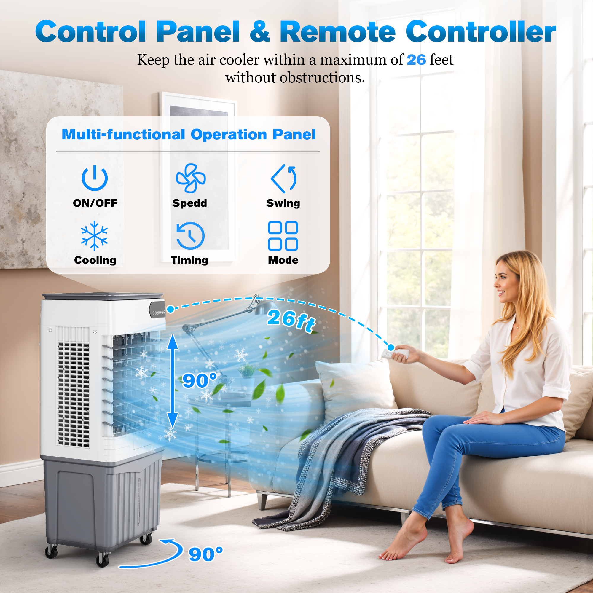 Portable Evaporative Air Cooler, 3400 CFM Swamp Cooler with large 13.5 Gal Water Tank & 4 Oversized Ice Box, 120° Swing, Upgraded Remote, 12H Timer, 4-in-1 Air Cooling Fan for Outdoor Indoor, 42 inch