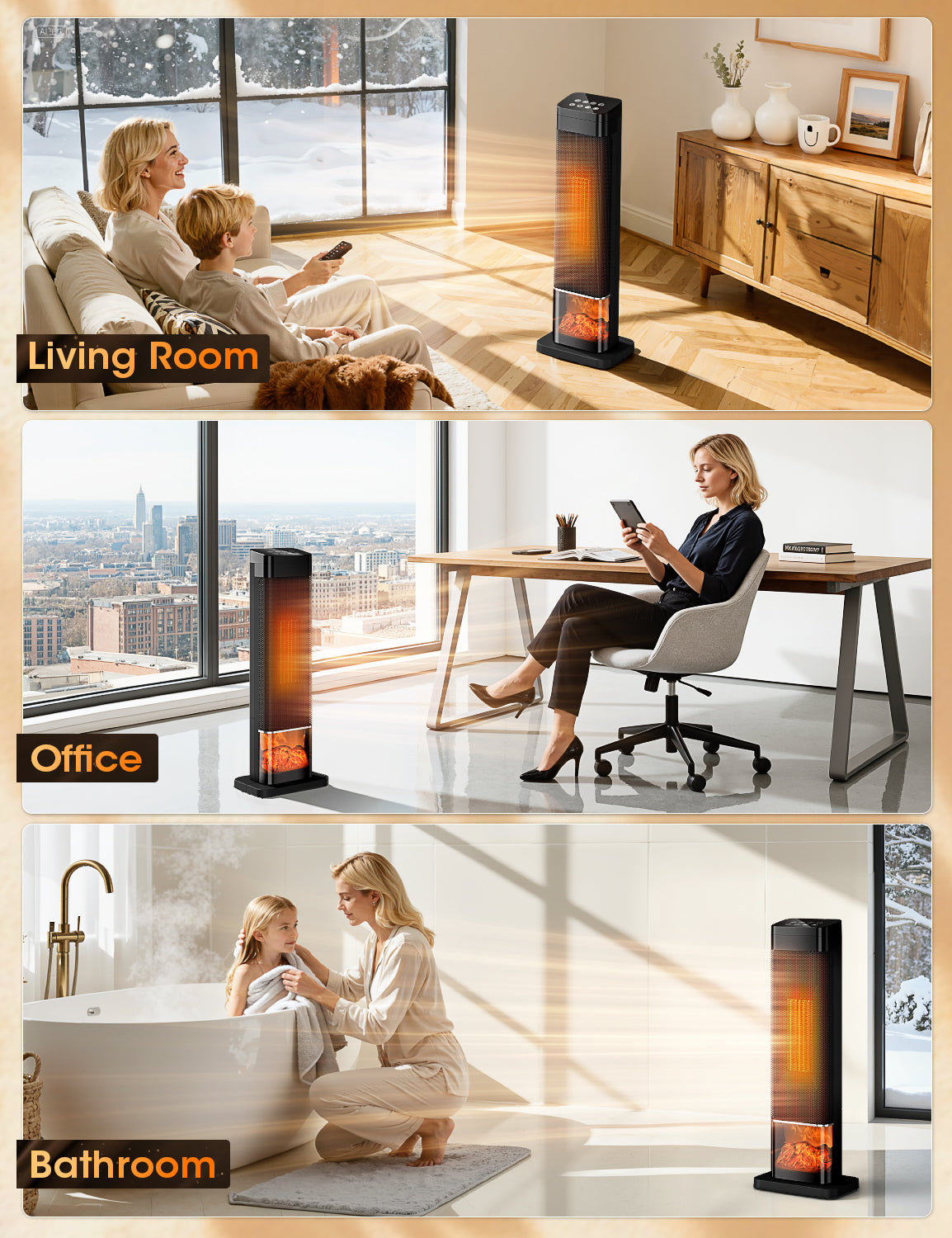 Manastin 24" Electric Heater for Indoor Use, Oscillating Tower Space Heater with Remote, Fireplace Effect, Timer, Child Lock & Safety Protection, Quiet Portable Heater for Office, Under Desk, Bedroom