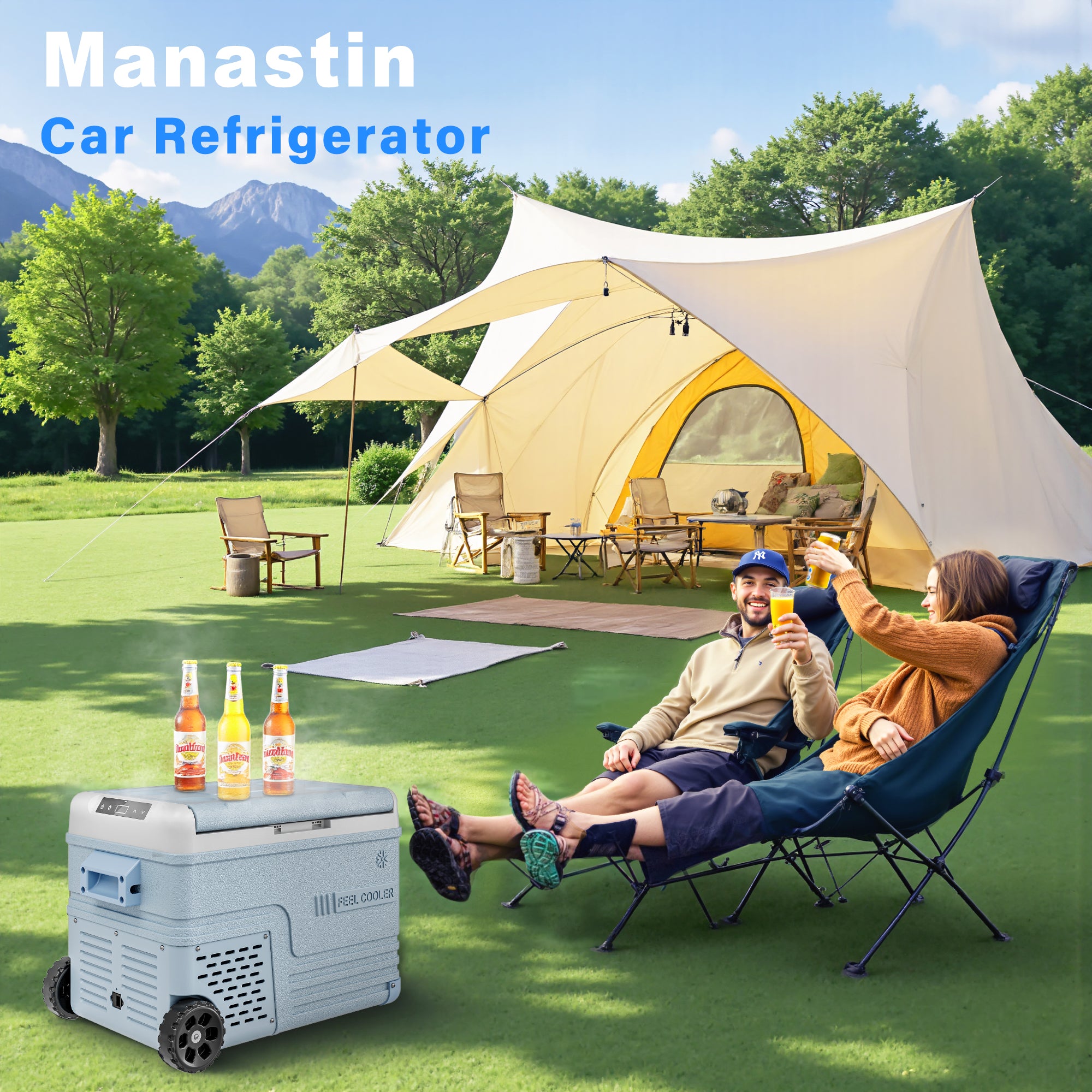 Manastin 12V Car Refrigerator, Portable Freezer (12/24V DC & 110~240V AC), -4℉ to 50℉, 37QT (35L) Truck Fridge with Wheels, Baskets & Shelf for RV, Van, Camping, Travel, and Road Trips(Blue)