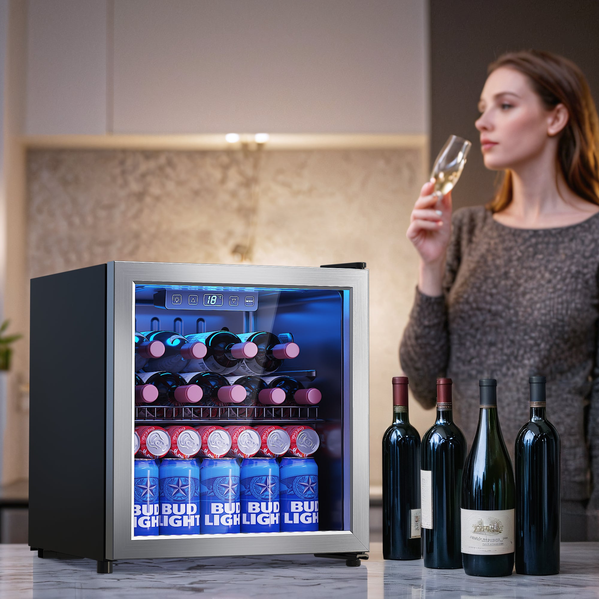 Manastin 65 Can Beverage Refrigerator Cooler 1.76 Cu.ft Mini Fridge with Glass Door & Adjustable Shelves, Perfect for Home, Office or Bar