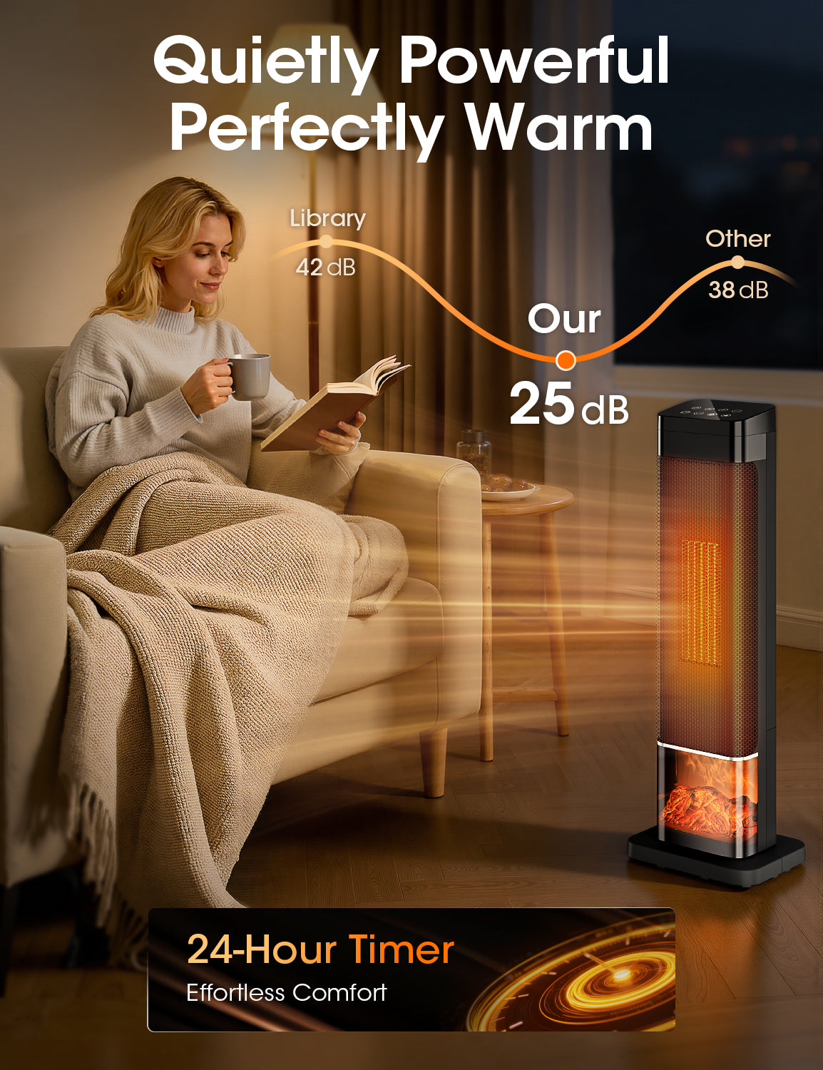 Manastin 24" Electric Heater for Indoor Use, Oscillating Tower Space Heater with Remote, Fireplace Effect, Timer, Child Lock & Safety Protection, Quiet Portable Heater for Office, Under Desk, Bedroom