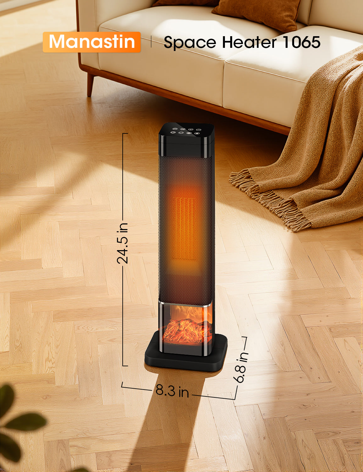 Manastin 24" Electric Heater for Indoor Use, Oscillating Tower Space Heater with Remote, Fireplace Effect, Timer, Child Lock & Safety Protection, Quiet Portable Heater for Office, Under Desk, Bedroom