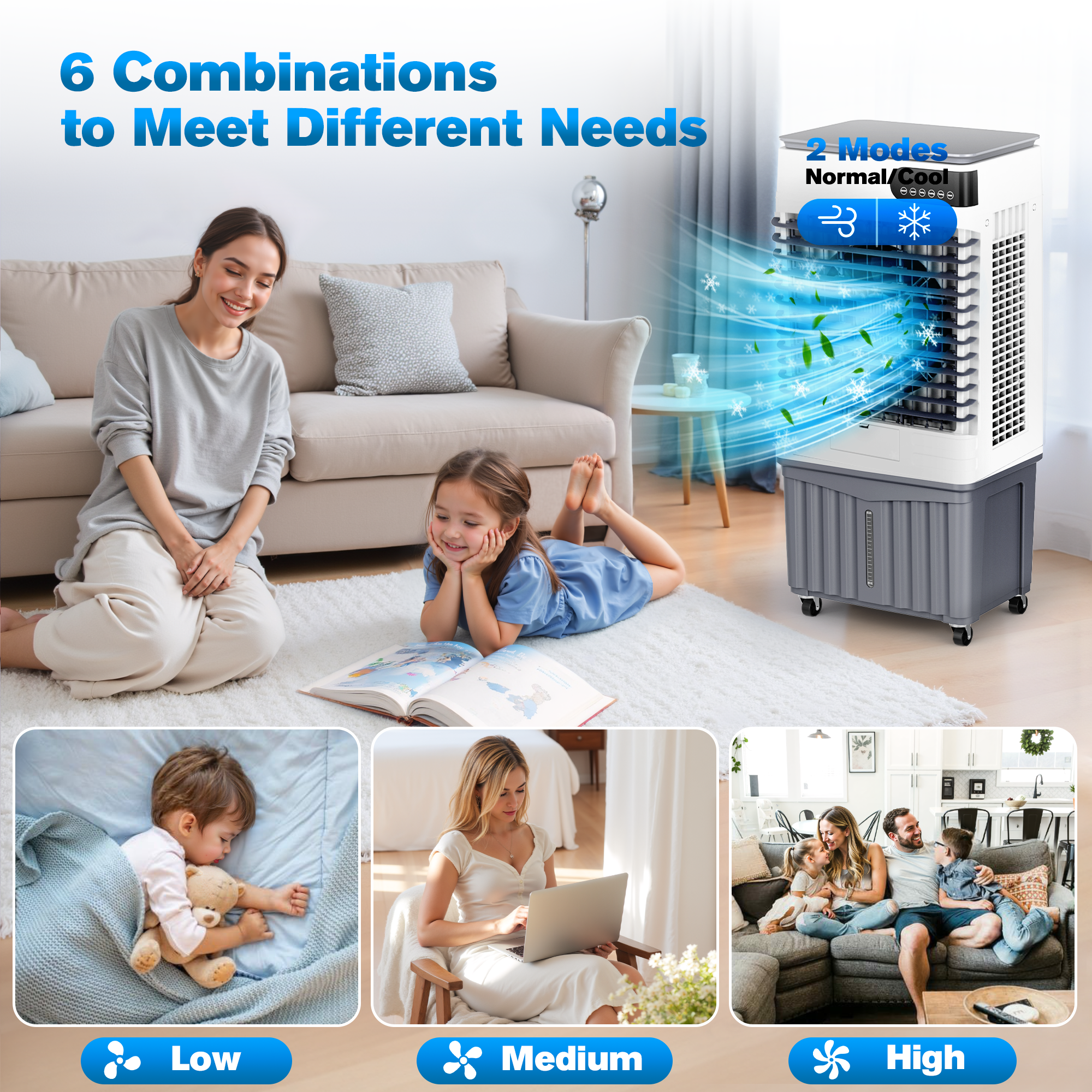 Swamp Cooler Air Conditioners, 4-IN-1 Portable Evaporative Cooler Cools Up to 1500 Sq.Ft, Large 18.5Gal Tank for 24/7 Cooling, Low Noise Cooling Fan with Remote Control Fits for Large Rooms