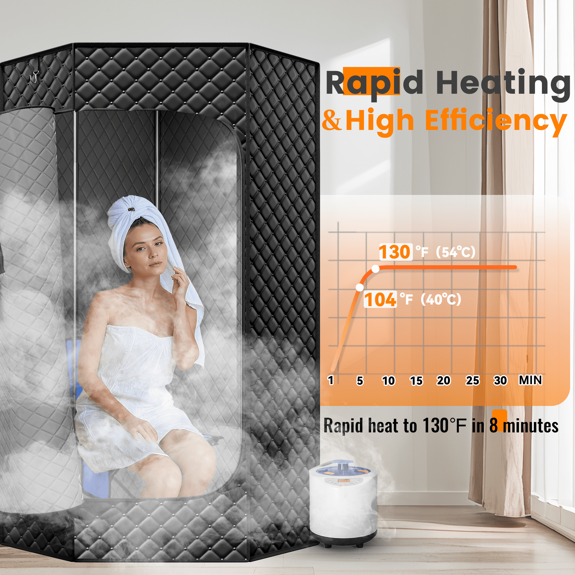 1-Person Pentagonal Steam Sauna Tent with 3L 1200W Steamer, 15-Level Temperature, 8-min Rapid Heating, 99Min-Timer, Remote Control, Folding Chair, 70" x 47" x 36", Black