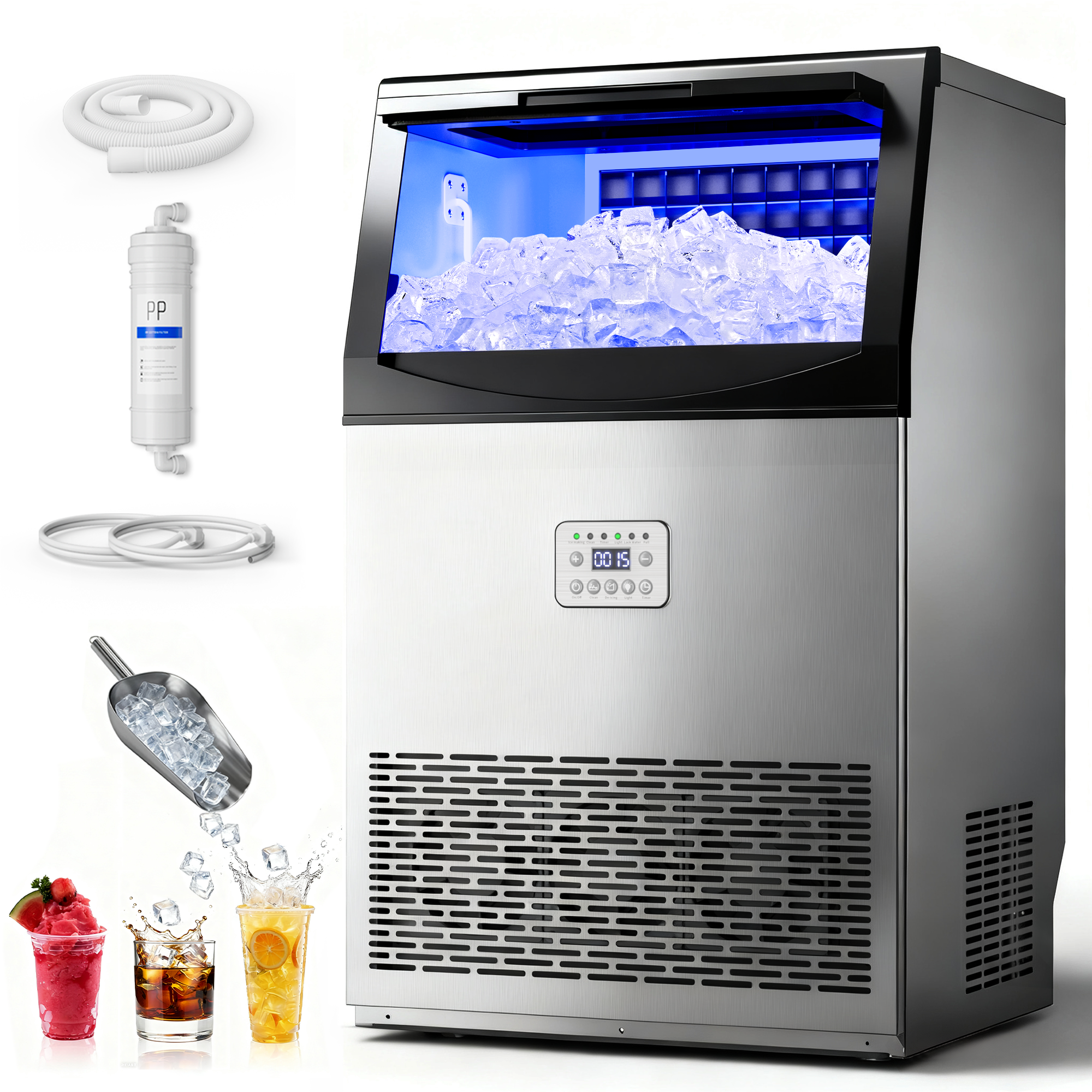 Manastin Commercial Ice Maker, 100lbs/24H Large Ice Machine with 33lbs Storage Capacity, Under Counter Ice Maker with Water Filter, for Home & Bar, Self-Cleaning, Timer, 50 Ice Cubes/15 Mins