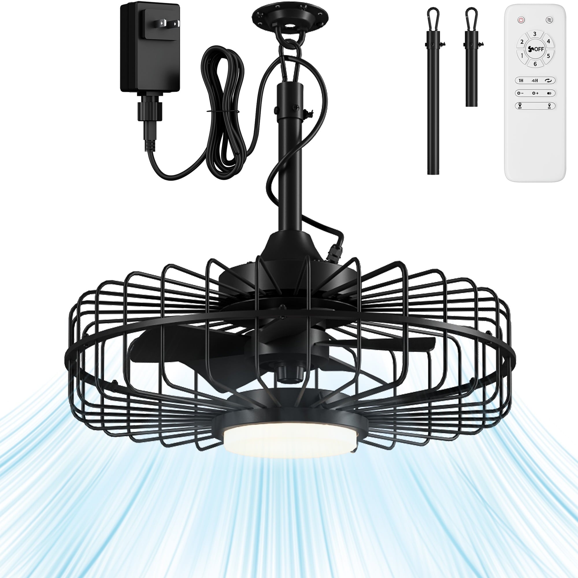 20" Outdoor Ceiling Fan with Lights,IP65 Waterproof Gazebo Hanging Fan with Remote Control, Plug in Caged Ceiling Fan with 3CCT 6-Speeds for Patio Porch Pergola, Black