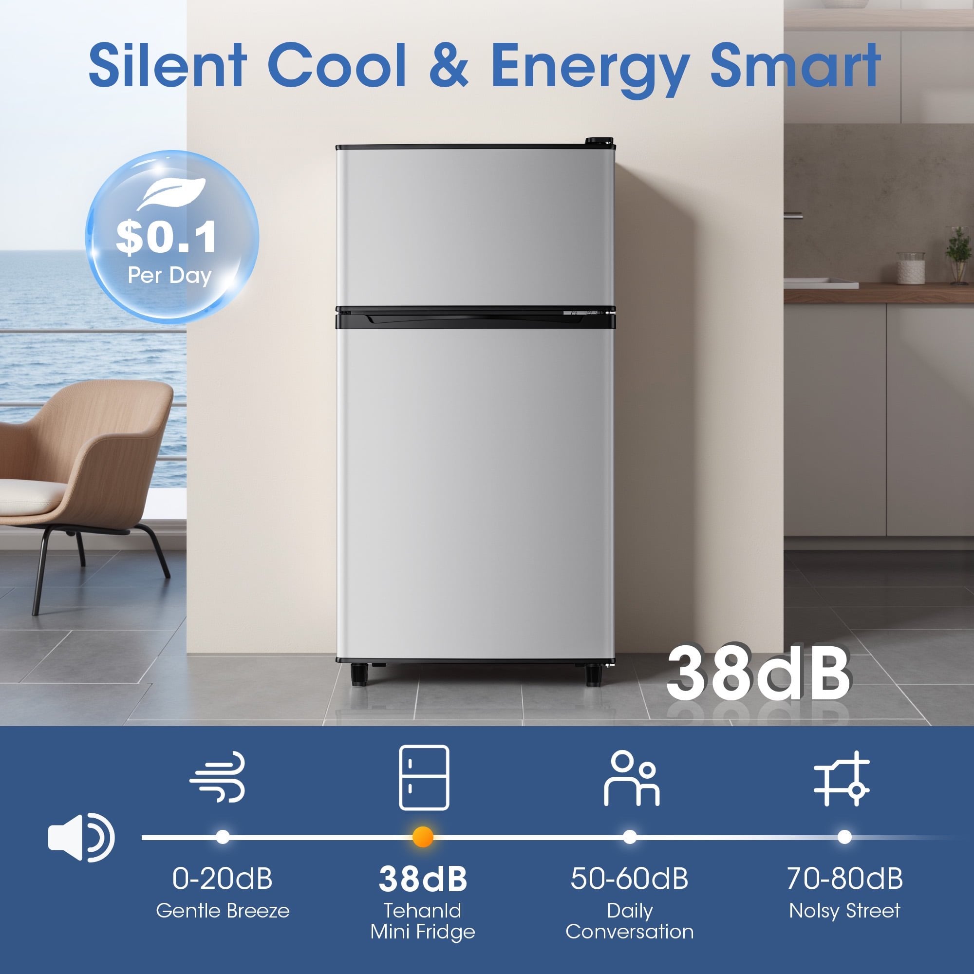 Manastin 3.5 Cu.ft Mini Fridge with Freezer, Adjustable Thermostat, Low Noise, Removable Glass Shelves, 2 Door Small Refrigerator for Kitchen, Office, Bedroom,Silver