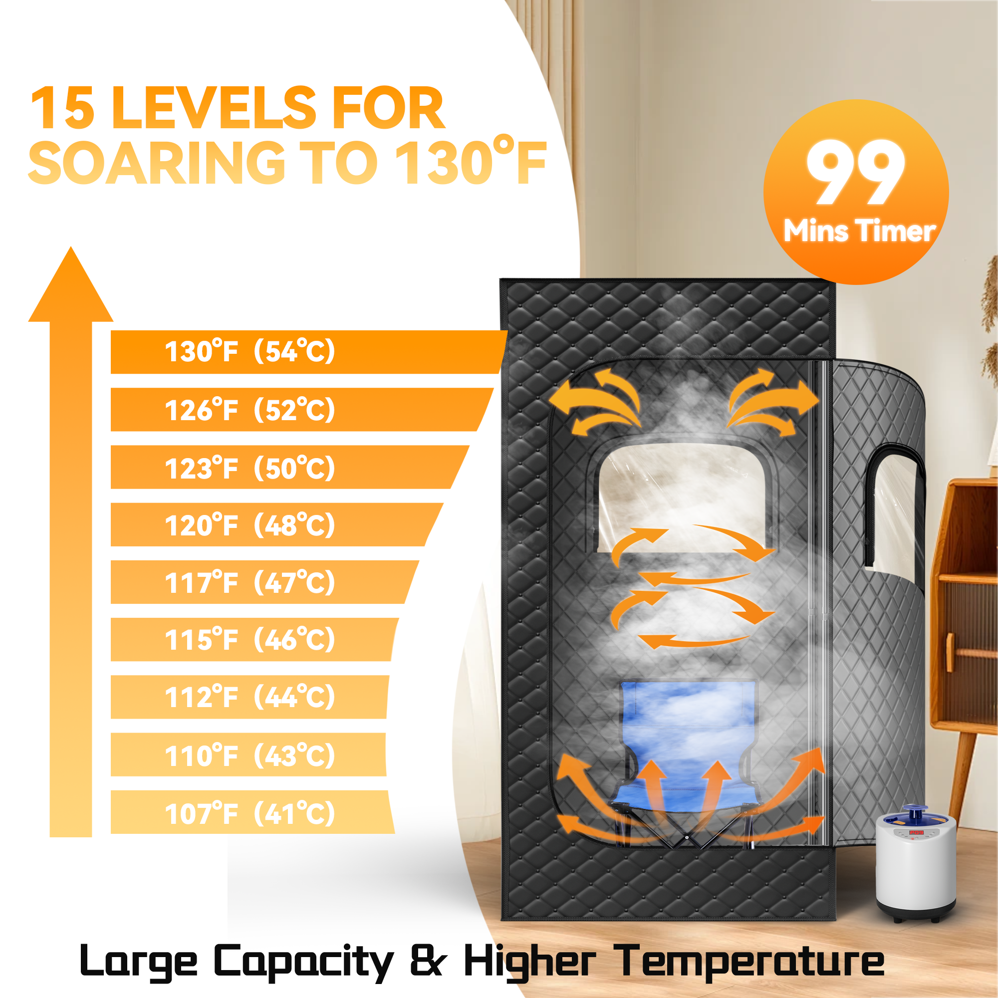 1-Person Portable Steam Sauna Tent with 3L 1200W Steamer, 15-Level Temperature, 99Min-Timer, Rapid Heating, Remote Control, Folding Chair, 71" x 32" x 32" ( Cotton, Black )