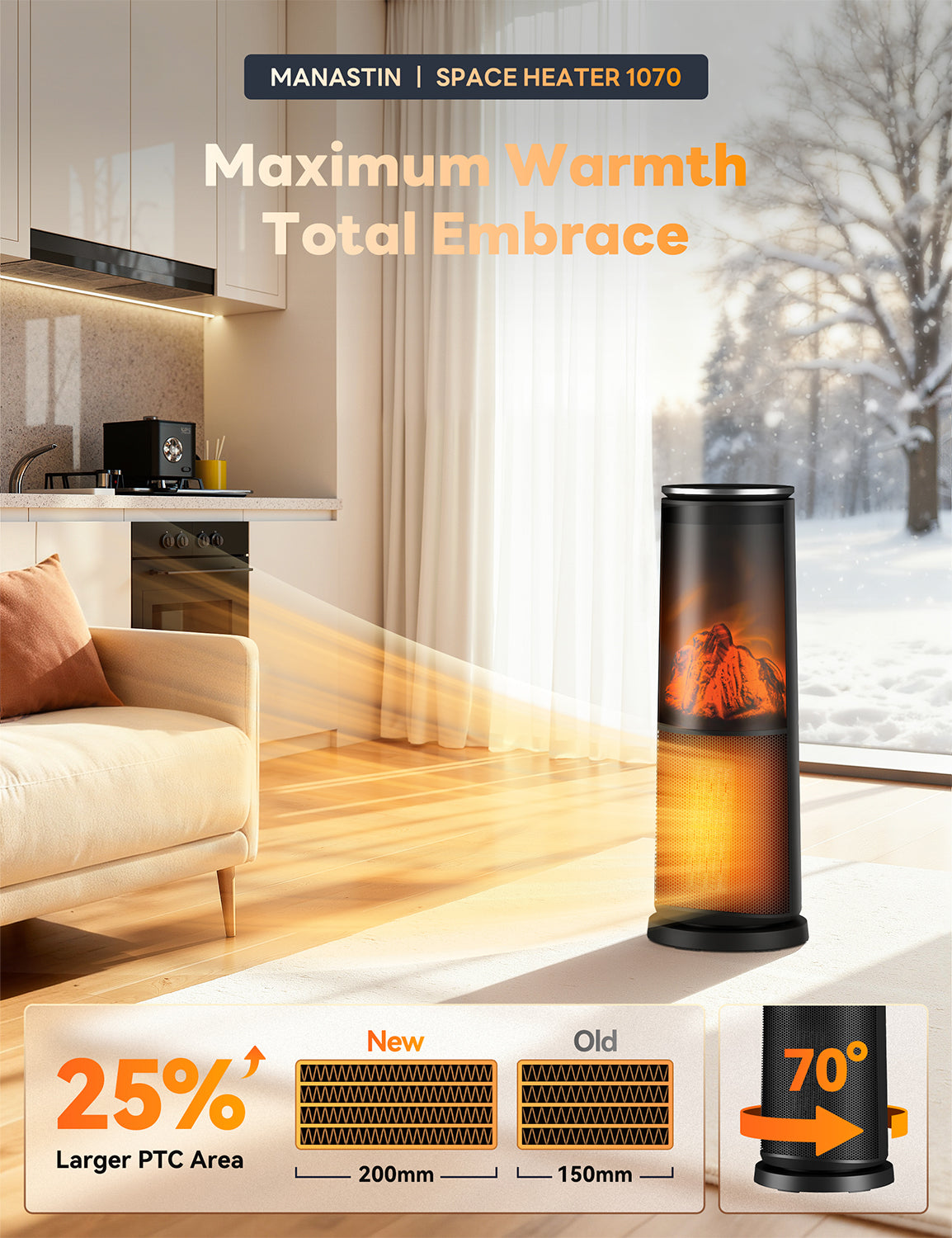 Manastin 25" Space Heaters for Indoor Use, 41-95 โ Tower Electric Heater with Remote, Flame Effect, 1500W, 24H Timer, Child Lock & Safety Protection, for Office, Under Desk, Bedroom, Large Room