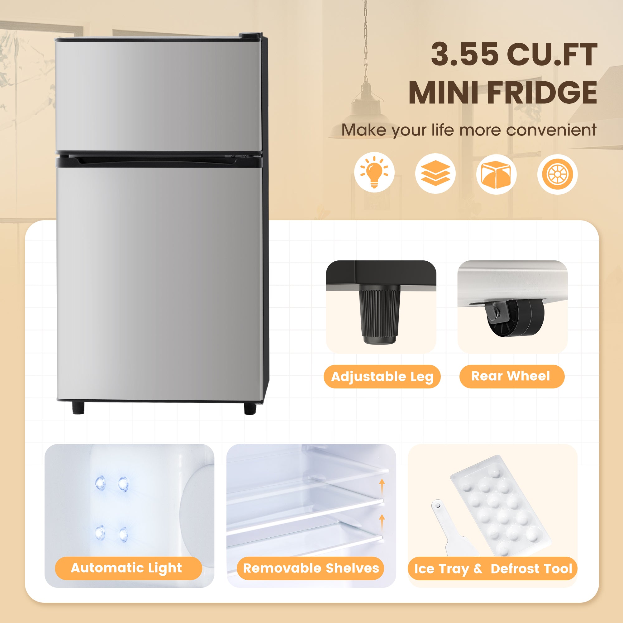 3.55 Cu.Ft Mini Fridge with Freezer, Dual-Door Compact Refrigerator for Office, Kitchen, Dorm & Bedroom, Adjustable Shelves, Silver