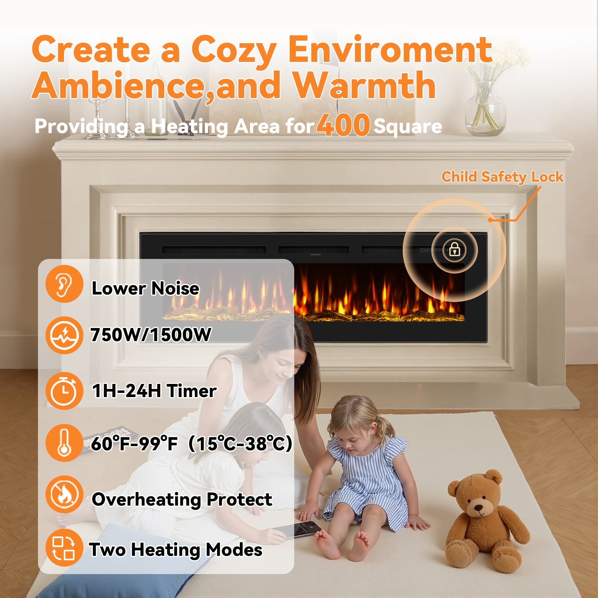 60-inch wall-mounted electric fireplace with multi-color flame, timer, low noise, touch screen and remote control