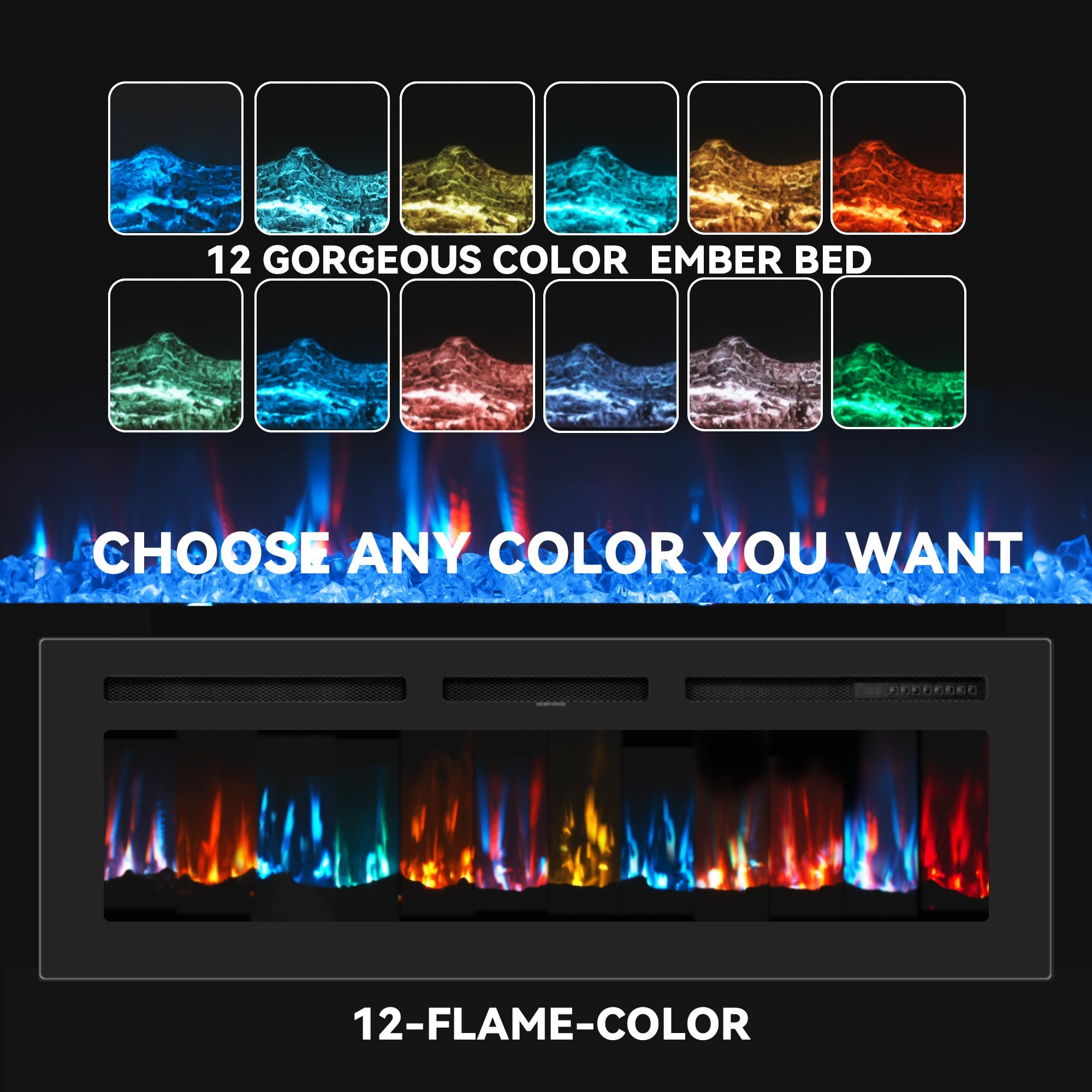 50-inch wall-mounted electric fireplace with multi-color flame, timer, low noise, touch screen and remote control