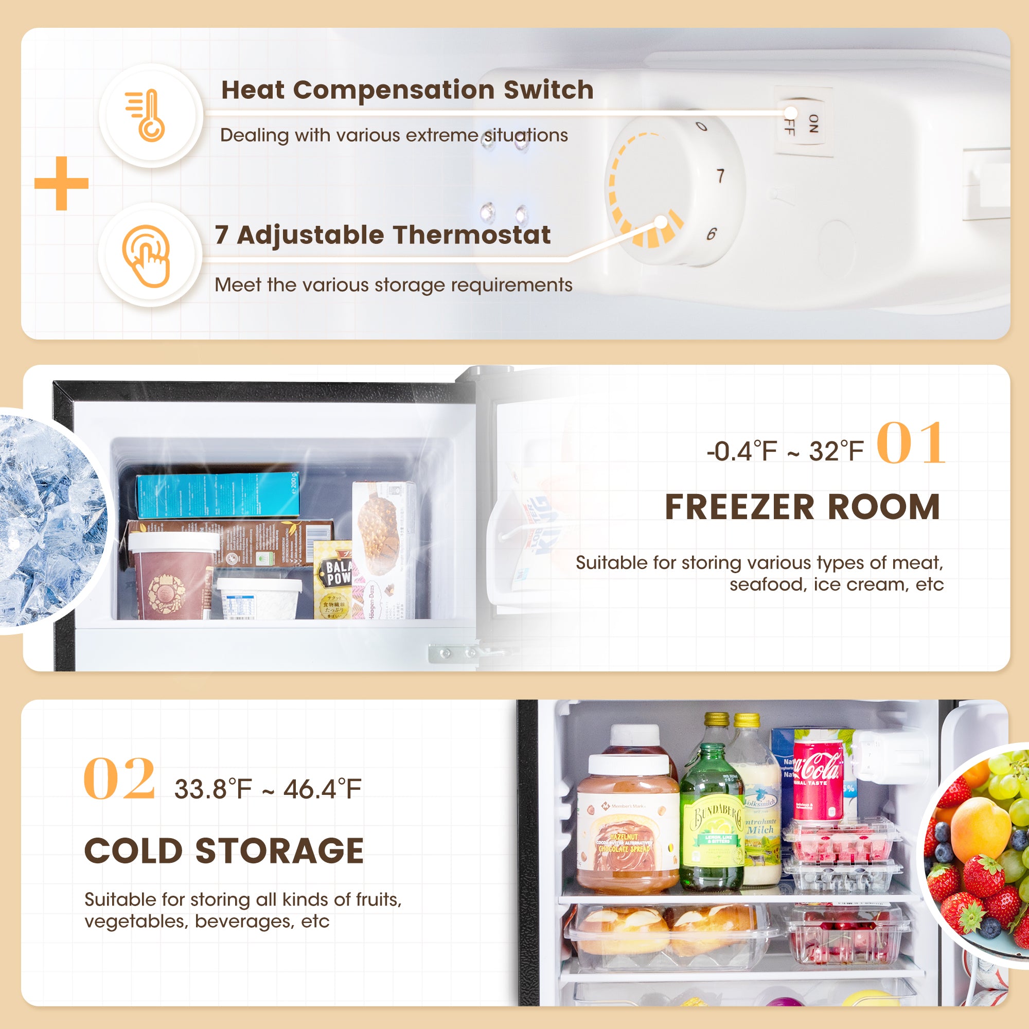 Manastin 3.5 Cu.Ft Mini Fridge with Freezer, Adjustable Thermostat, Low Noise, Removable Glass Shelves, 2 Door Small Refrigerator for Kitchen, Dorm, Office, Bedroom,Black