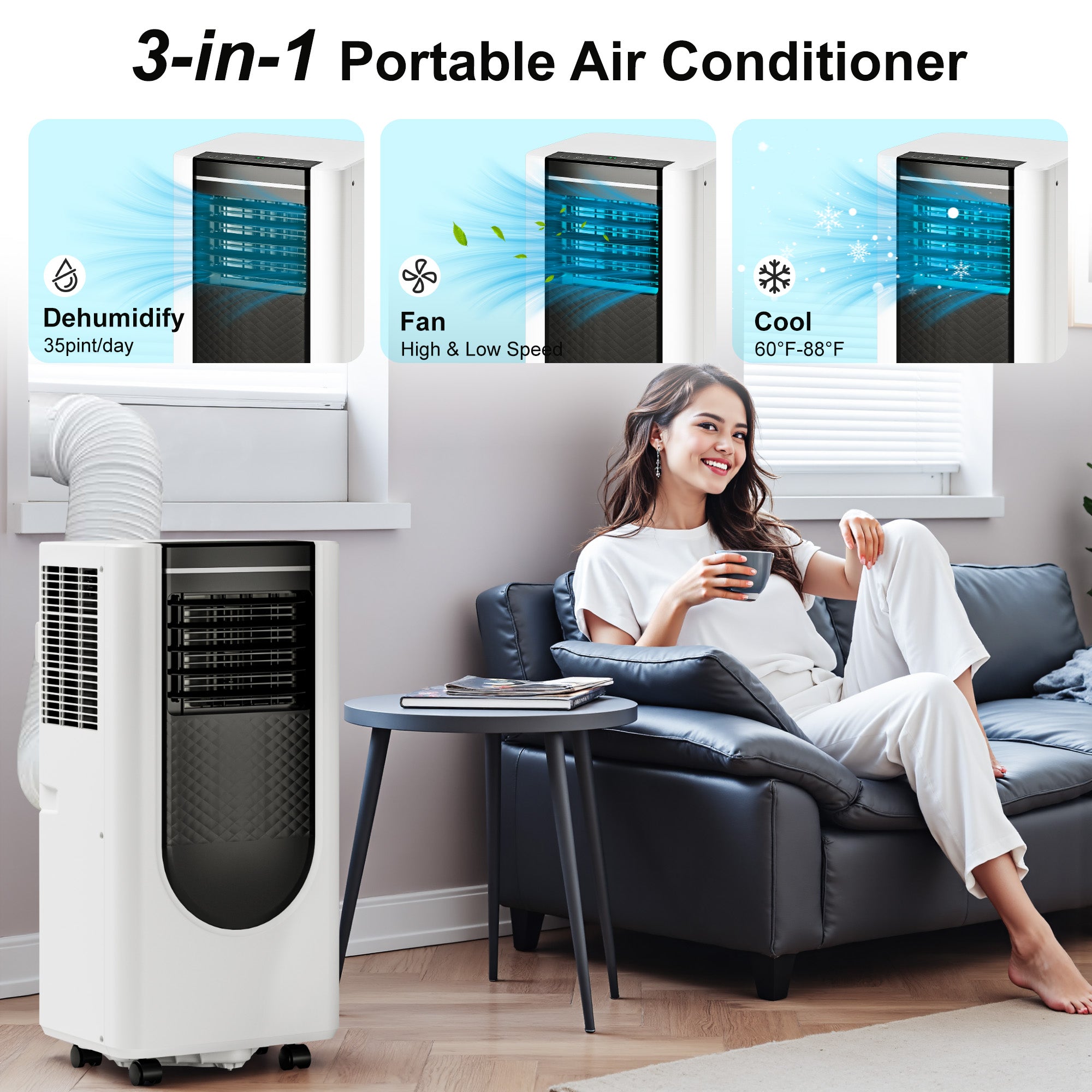 Manastin 8000 BTU Portable Air Conditioner, 3-in-1 AC Unit with Cooling, Dehumidifier & Fan Modes, Covers Up to 350 Sq. Ft, Quiet Operation, Remote Control, 24H Timer, and Window Installation Kit