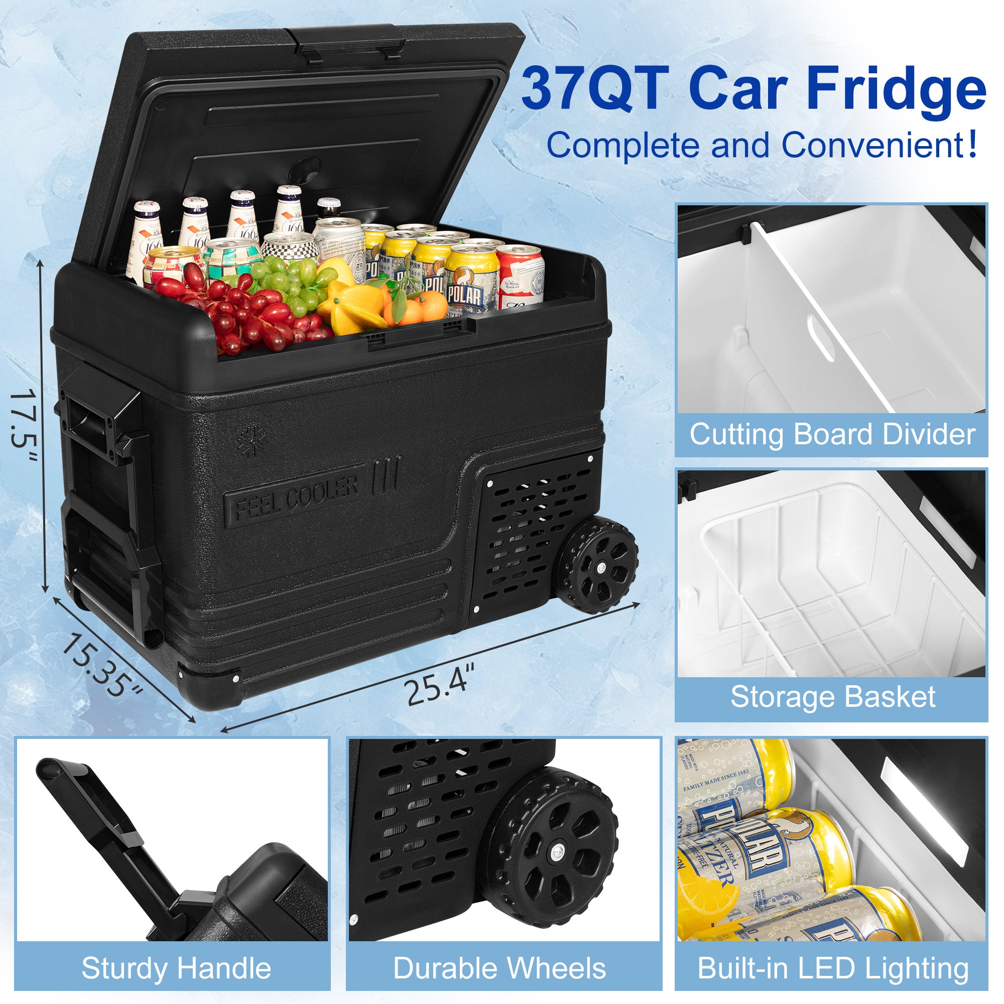 Manastin 12V Car Refrigerator, Portable Freezer (12/24V DC & 110~240V AC), -4℉ to 50℉, 37QT (35L) Truck Fridge with Wheels, Baskets & Shelf for RV, Van, Camping, Travel, and Road Trips(Black)