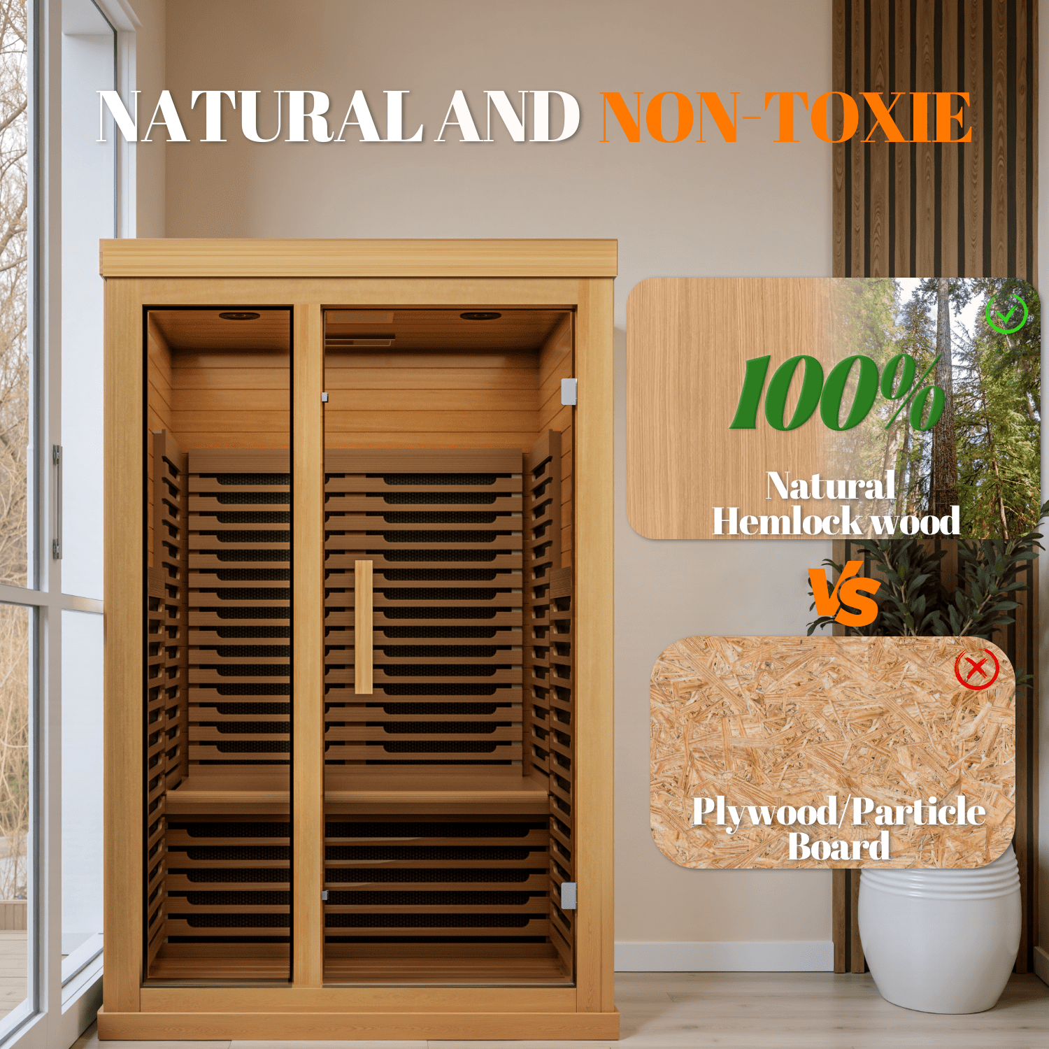 2-Person Home-Use Far-Infrared Wooden Sauna Room, with 2000W Steamert, Low Electromagnetic Radiation, Full-Spectrum Infrared Sauna, Double-Layer Tempered Glass&Bluetooth Speaker, Burlywood