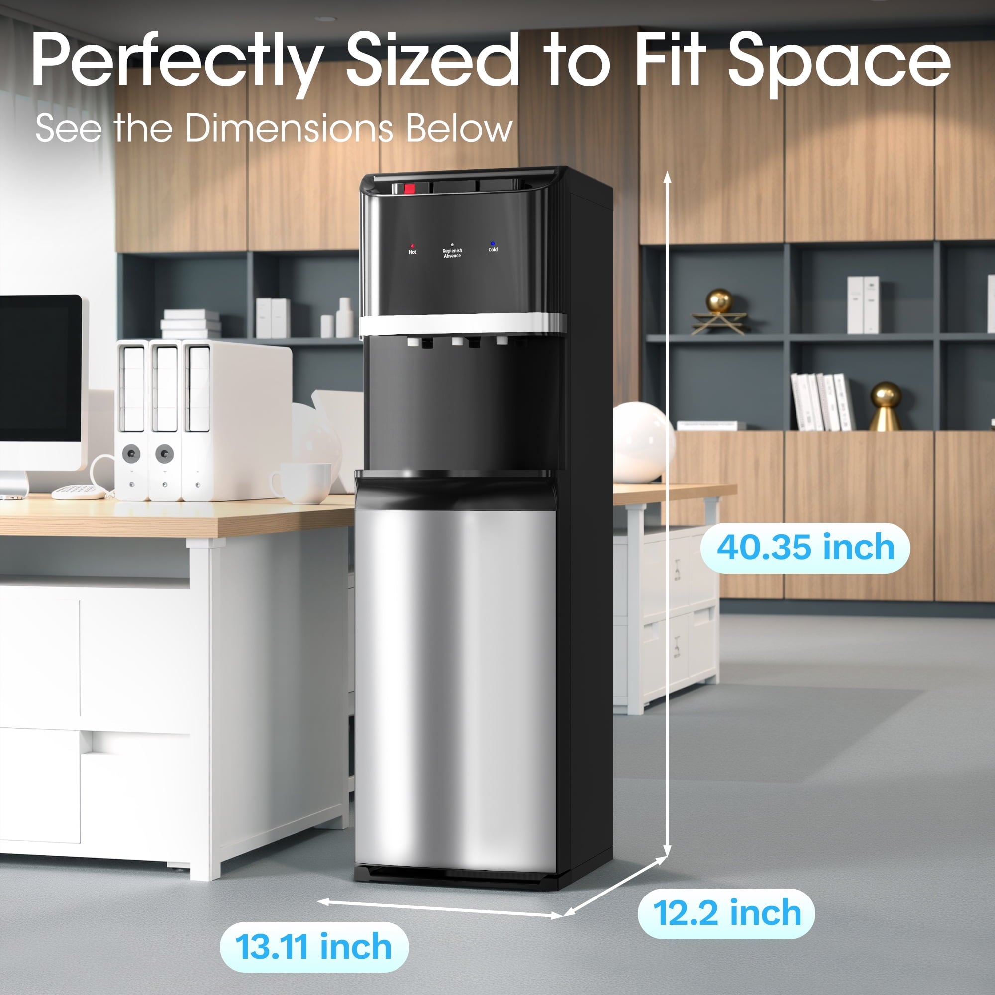 Manastin Bottom Loading 304 Stainless Steel Water Cooler Dispenser for 3-5 Gallon Bottles, Water Cooler with 3 Temperature Settings - Hot, Cold & Room Water, Ideal Design for Home & Office