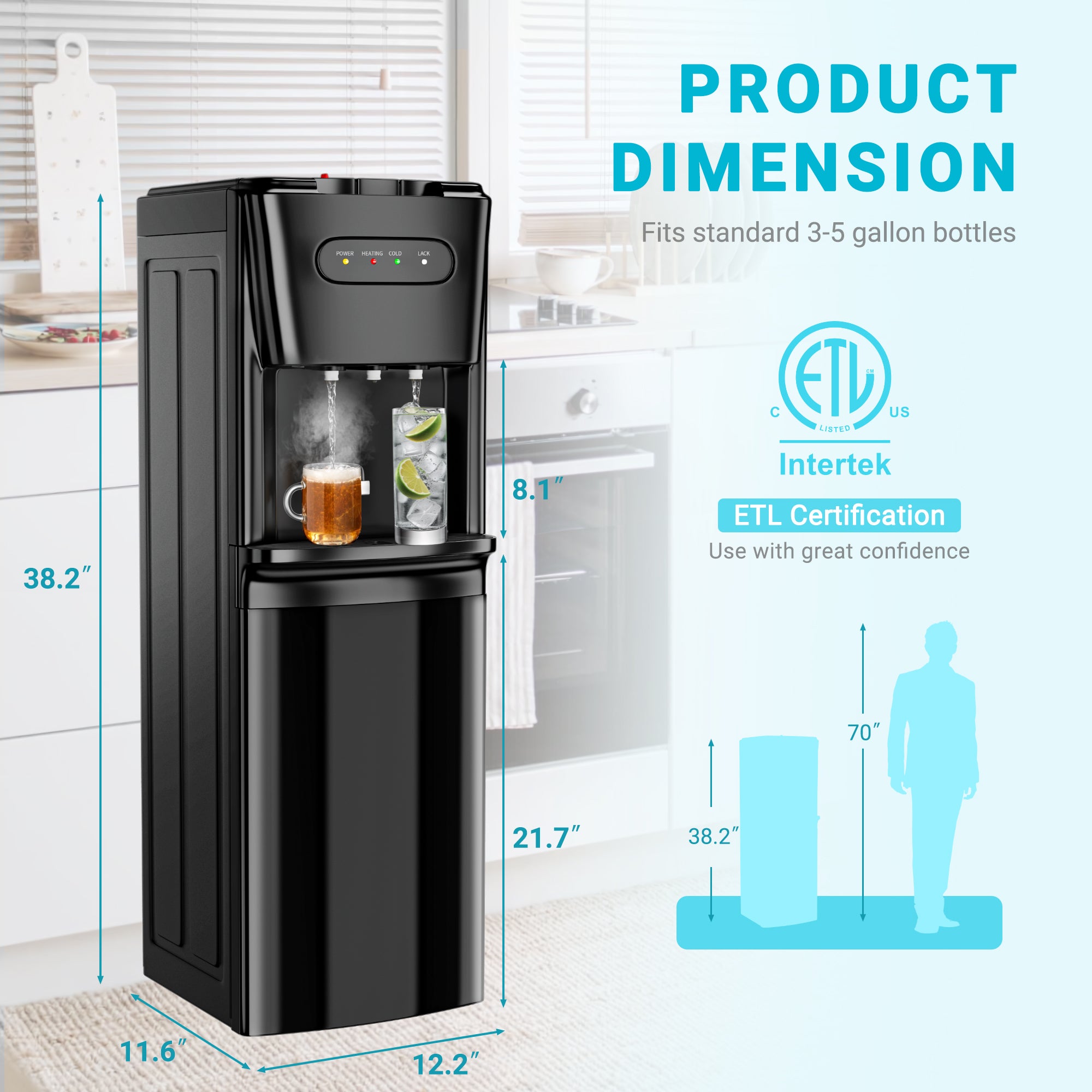 Bottom Loading Water Cooler Dispenser for3 or 5 Gallon Bottles,3 Temperatures with Hot, Room & Cold Spouts, Empty Bottle Indicator, Child Safety Lock, Ideal for Home, Office, Living Room Black