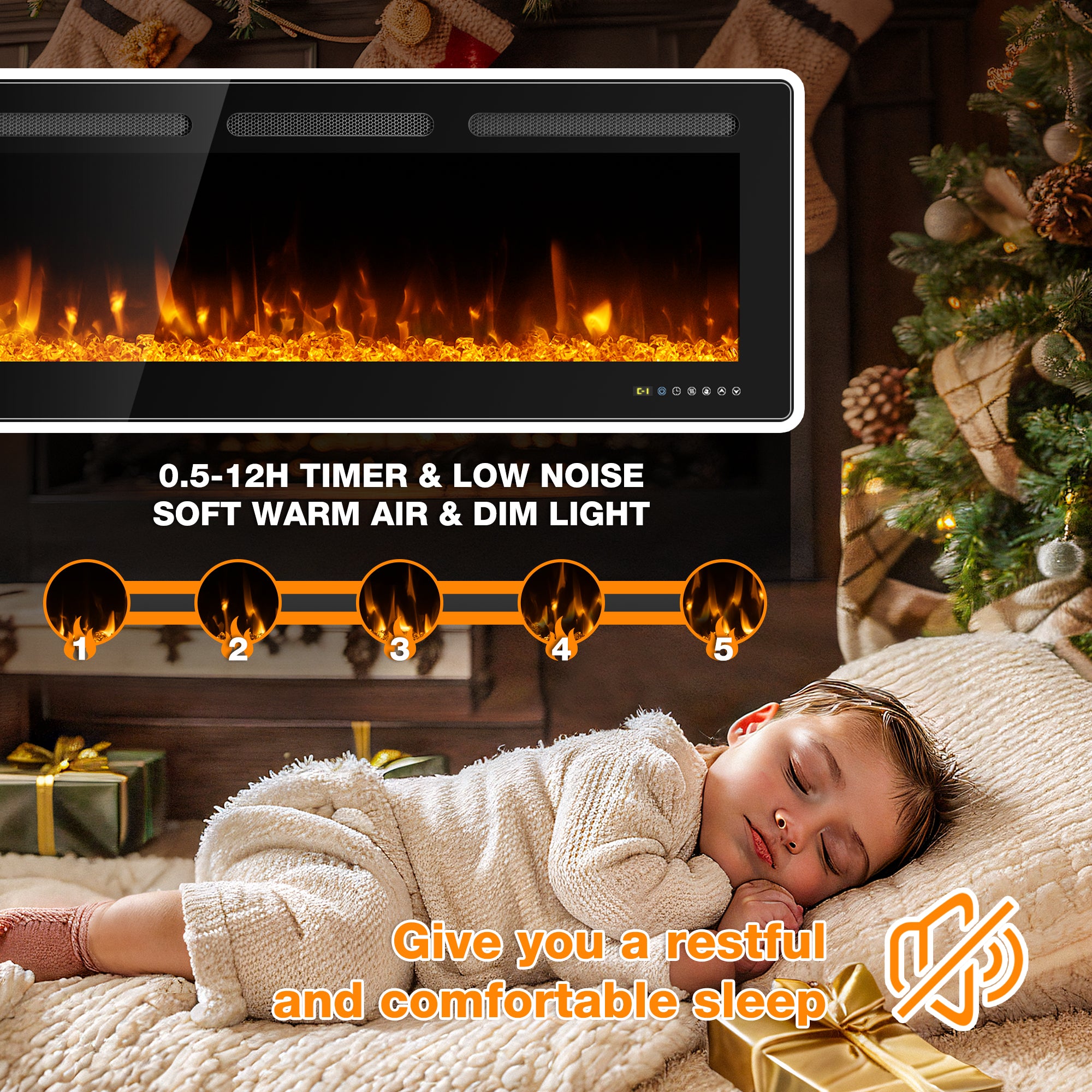 Manastin 50” Electric Fireplace Recessed and Wall Mounted Ultra-Thin Fireplace Heater Silence Linear Fireplace w/Timer, Multicolor Flame & Crystal, 750W/1500W,Touch Screen & Remote Control