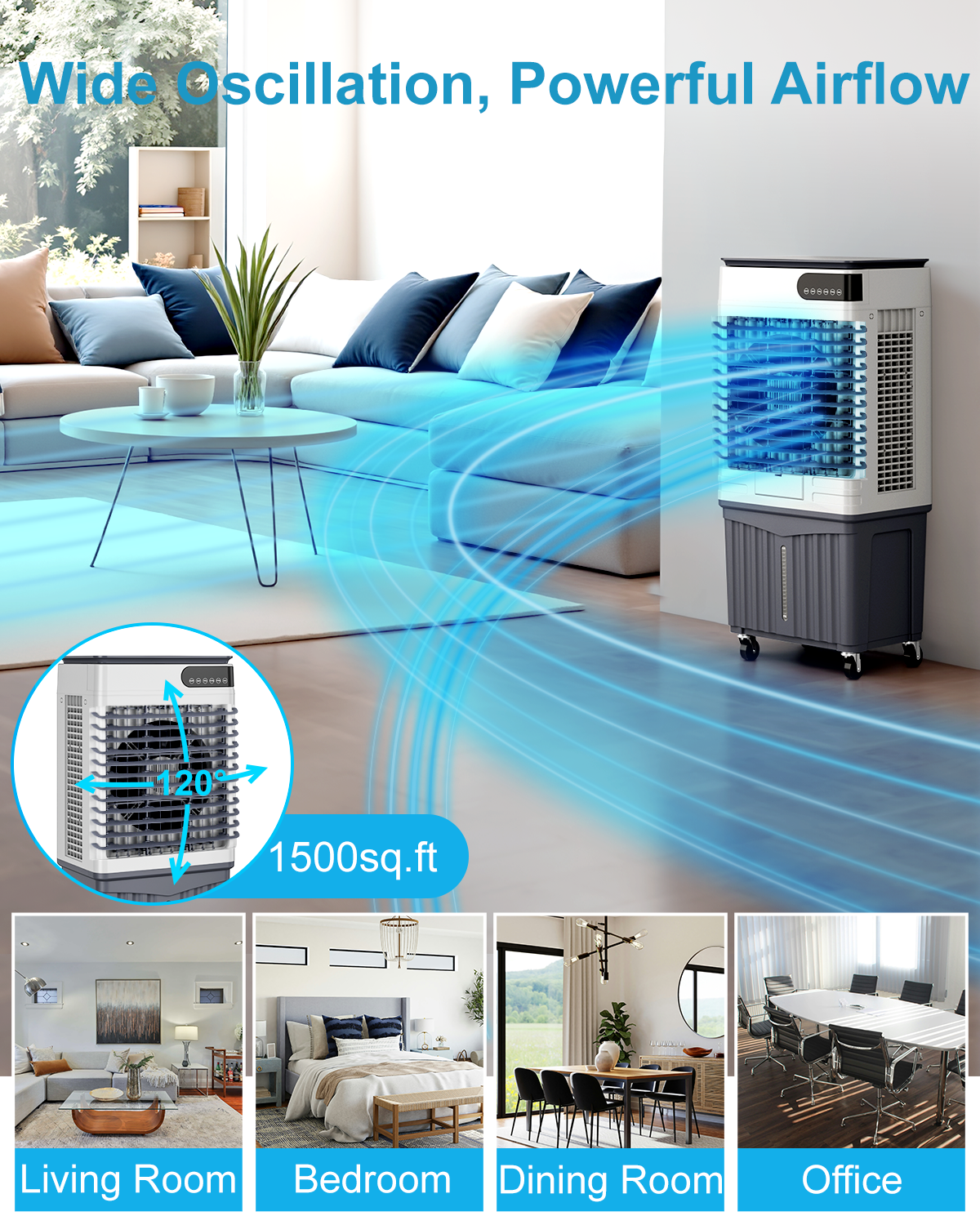 Swamp Cooler Air Conditioners, 4-IN-1 Portable Evaporative Cooler Cools Up to 1500 Sq.Ft, Large 18.5Gal Tank for 24/7 Cooling, Low Noise Cooling Fan with Remote Control Fits for Large Rooms