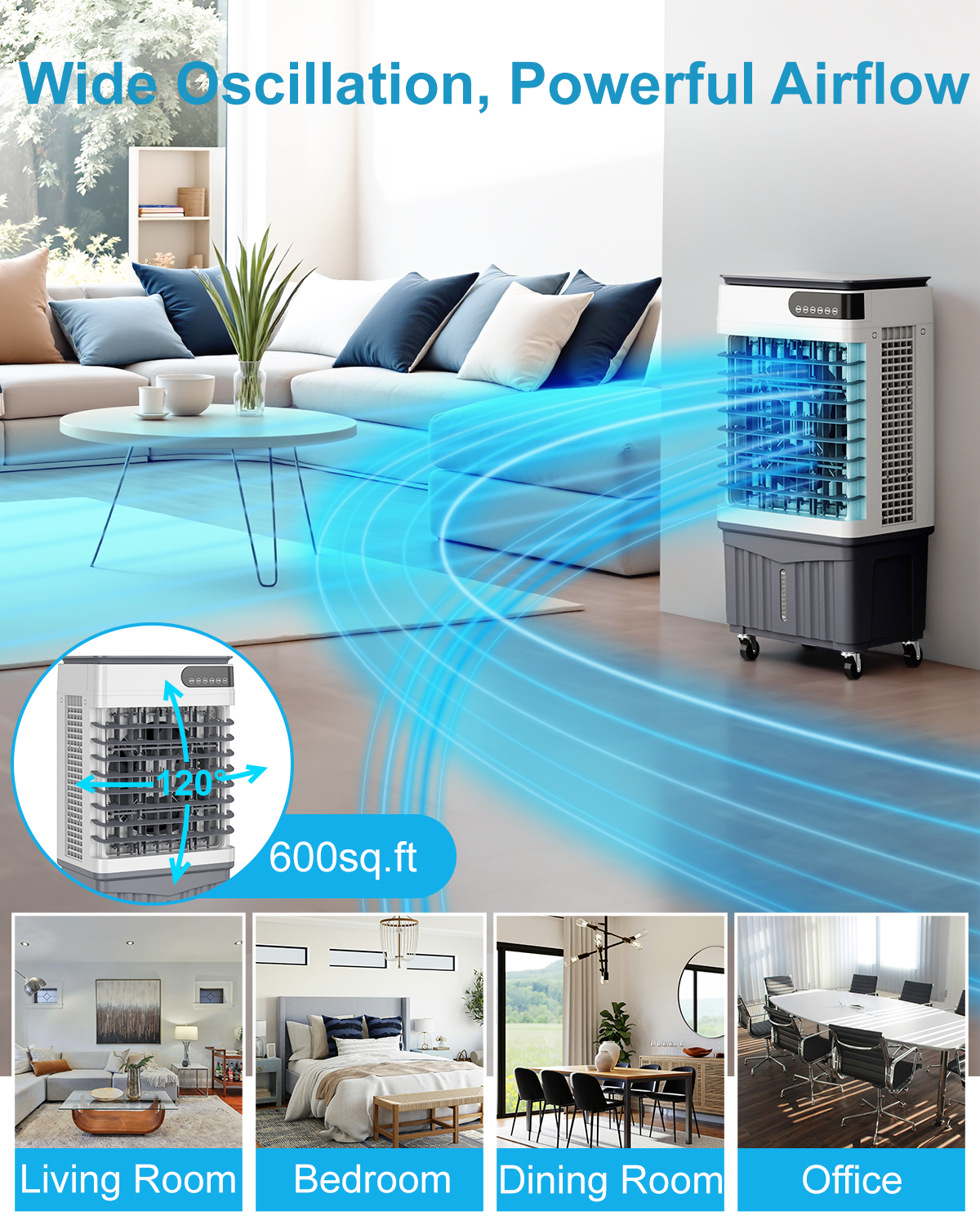 Swamp Cooler Air Conditioners, 4-IN-1 Portable Evaporative Cooler Cools Up to 600 Sq.Ft, Large 8.5Gal Tank for 24/7 Cooling, Low Noise Cooling Fan with Remote Control Fits for Large Rooms