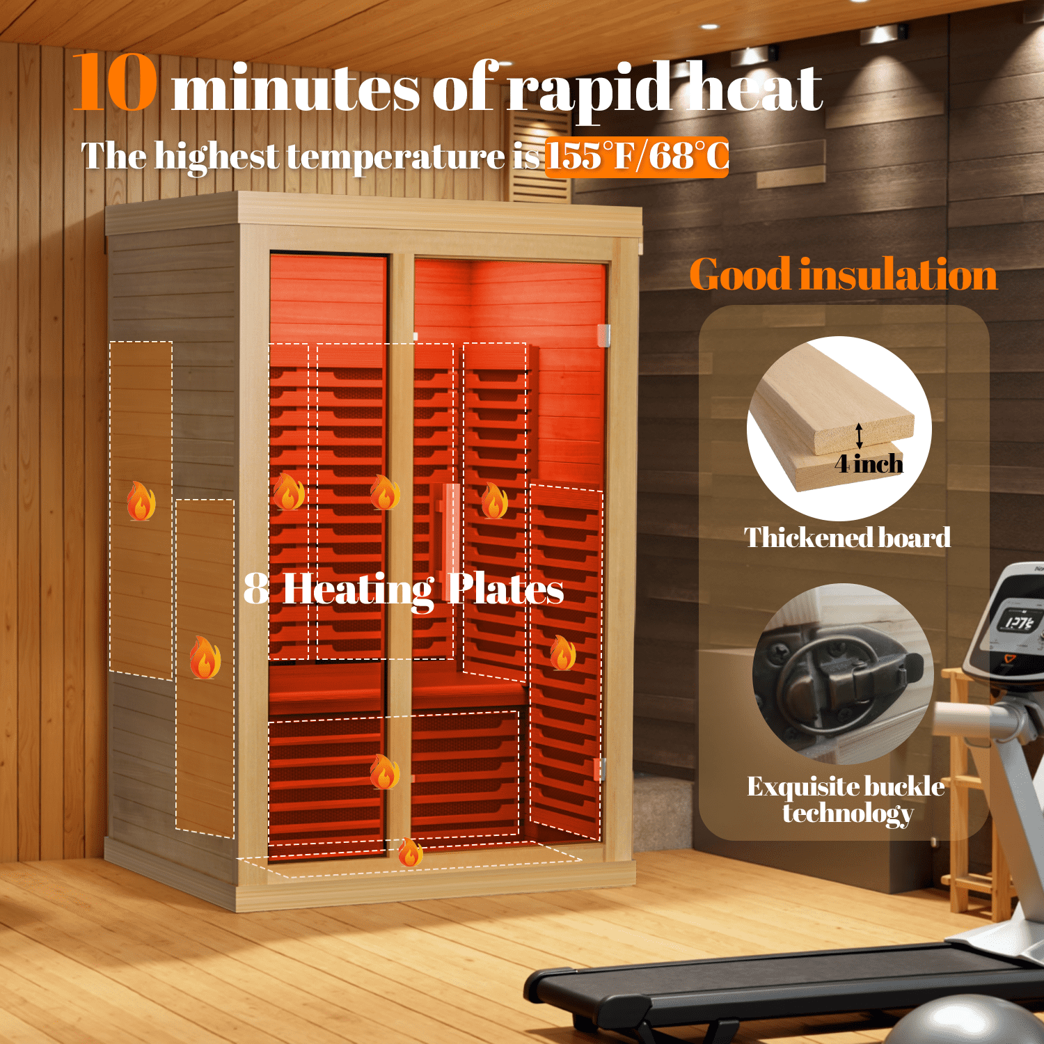 2-Person Home-Use Far-Infrared Wooden Sauna Room, with 2000W Steamert, Low Electromagnetic Radiation, Full-Spectrum Infrared Sauna, Double-Layer Tempered Glass&Bluetooth Speaker, Burlywood