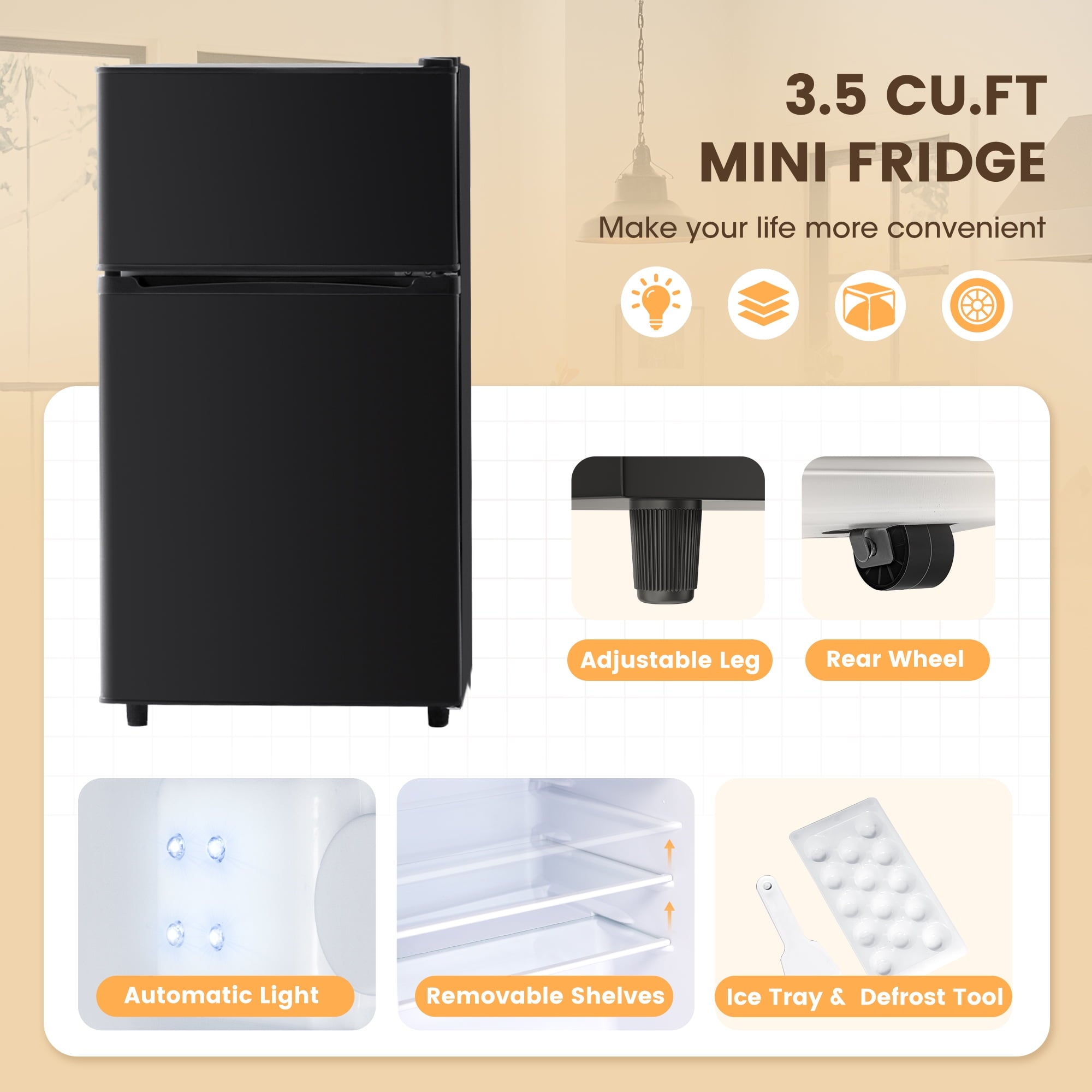 Manastin 3.5 Cu.ft Mini Fridge with Freezer, Adjustable Thermostat, Low Noise, Removable Glass Shelves, 2 Door Small Refrigerator for Kitchen, Office, Bedroom,Black