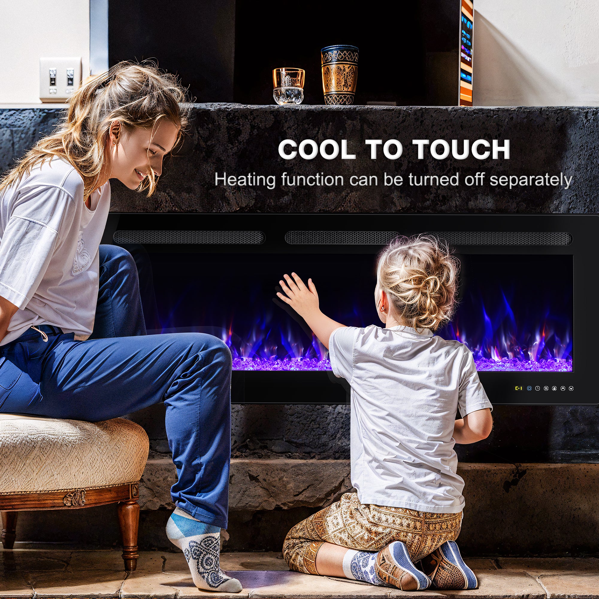 Manastin 50” Electric Fireplace Recessed and Wall Mounted Ultra-Thin Fireplace Heater Silence Linear Fireplace w/Timer, Multicolor Flame & Crystal, 750W/1500W,Touch Screen & Remote Control