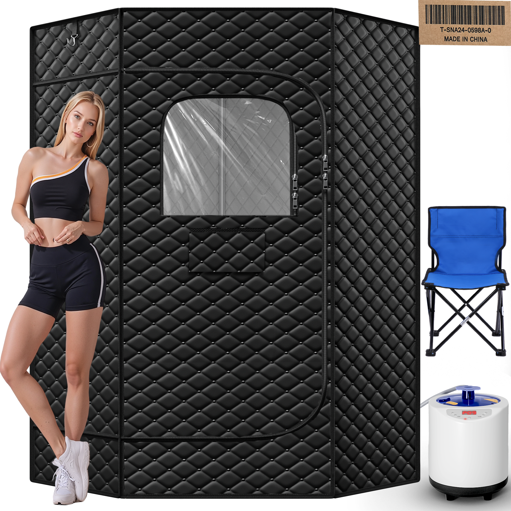 Manastin Portable Steam Sauna Tent, Pentagonal Design with Timer, Remote Control, Folding Chair, Black
