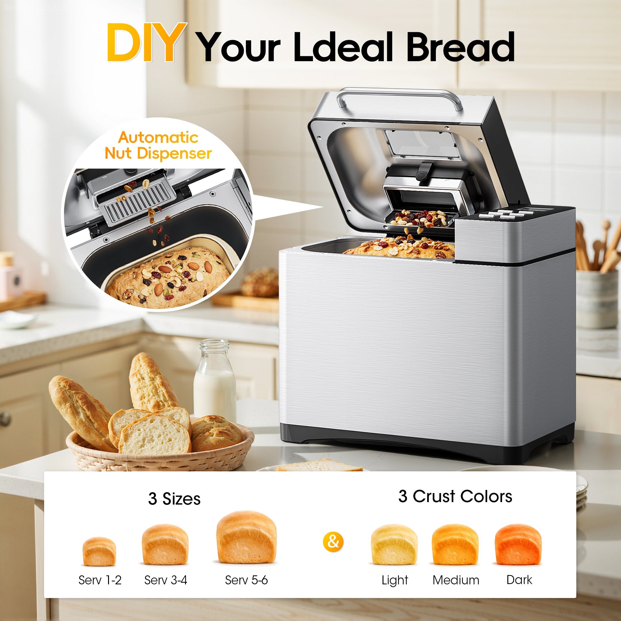 19-in-1 Bread Maker Machine with Reservation Function, 2LB Stainless Steel Automatic Bread Maker with Recipes & 1 H Keep,Silver