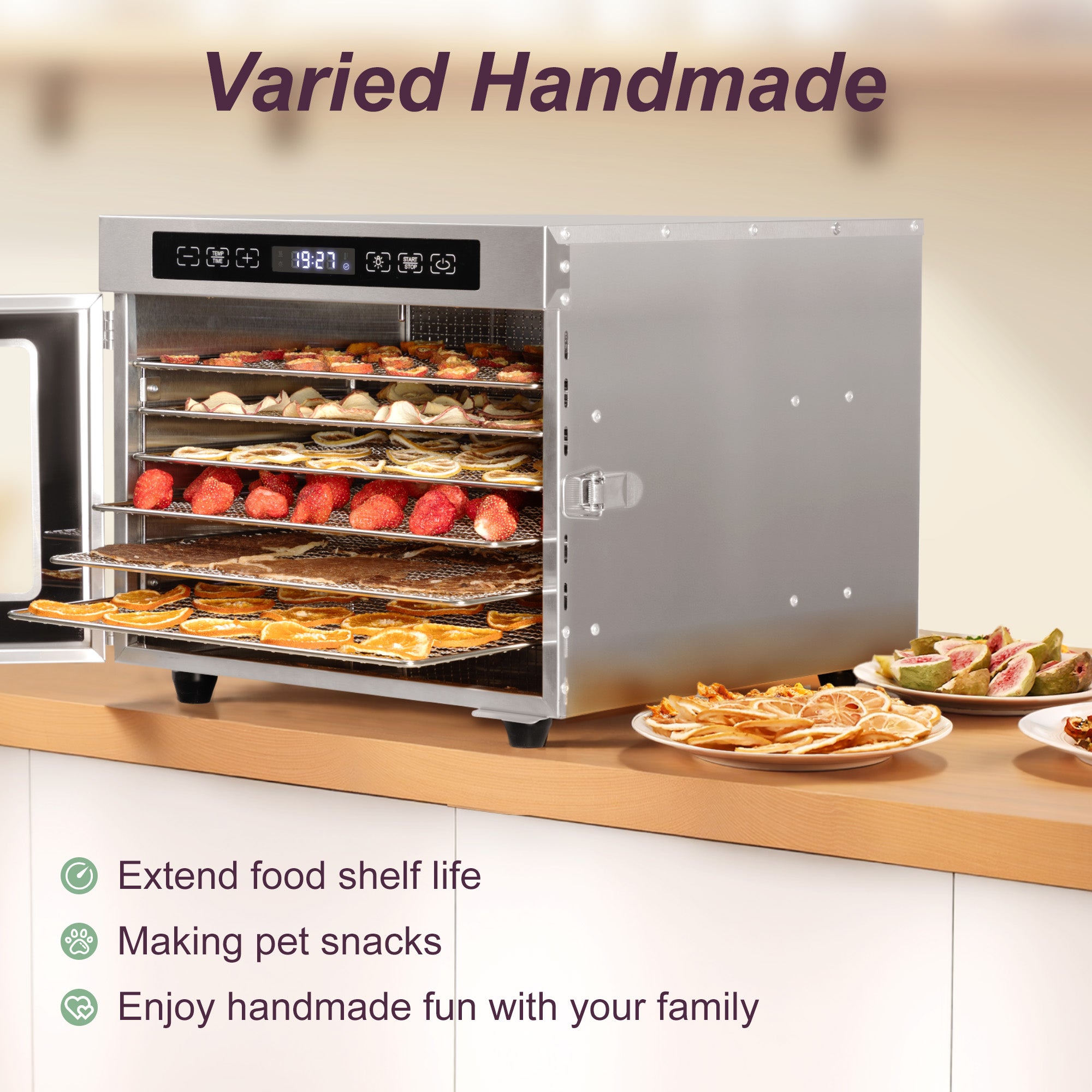 Manastin Food Dehydrator with 6 Stainless Steel Trays, Adjustable Temperature & 24-Hour Timer, Perfect for Drying Fruits, Meat, Herbs, Beef Jerky, and Snacks