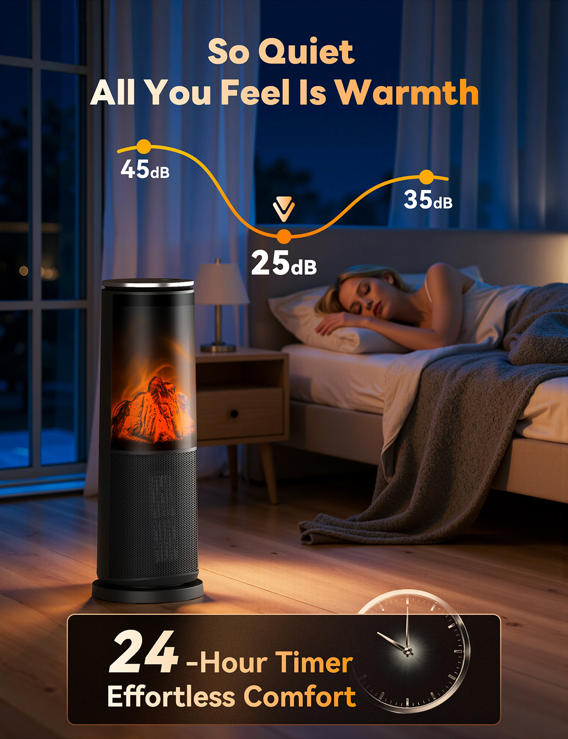 Manastin 25" Space Heaters for Indoor Use, 41-95 โ Tower Electric Heater with Remote, Flame Effect, 1500W, 24H Timer, Child Lock & Safety Protection, for Office, Under Desk, Bedroom, Large Room