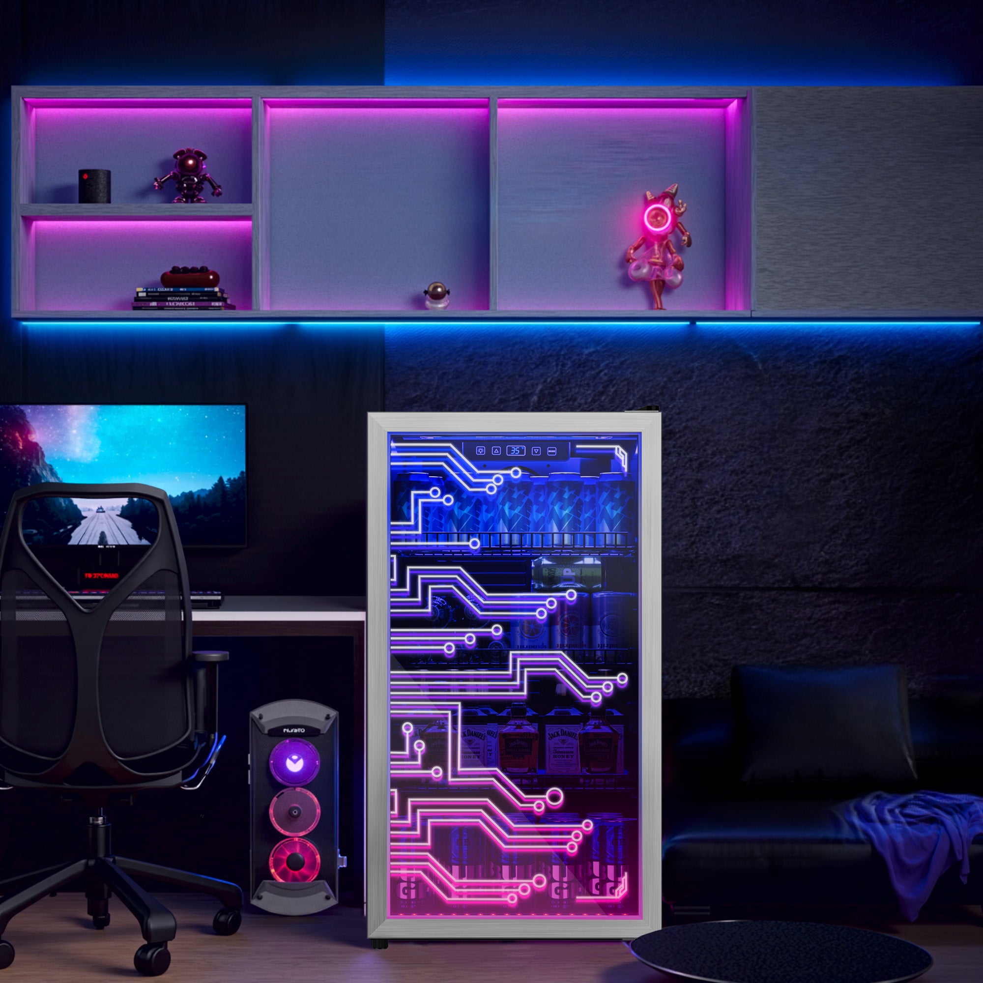 Illuminated Beverage Cooler with LED Lighting, 120-Can Capacity, Adjustable Temperature Control, Freestanding Mini Fridge for Drinks, Energy-Efficient Glass Door Display