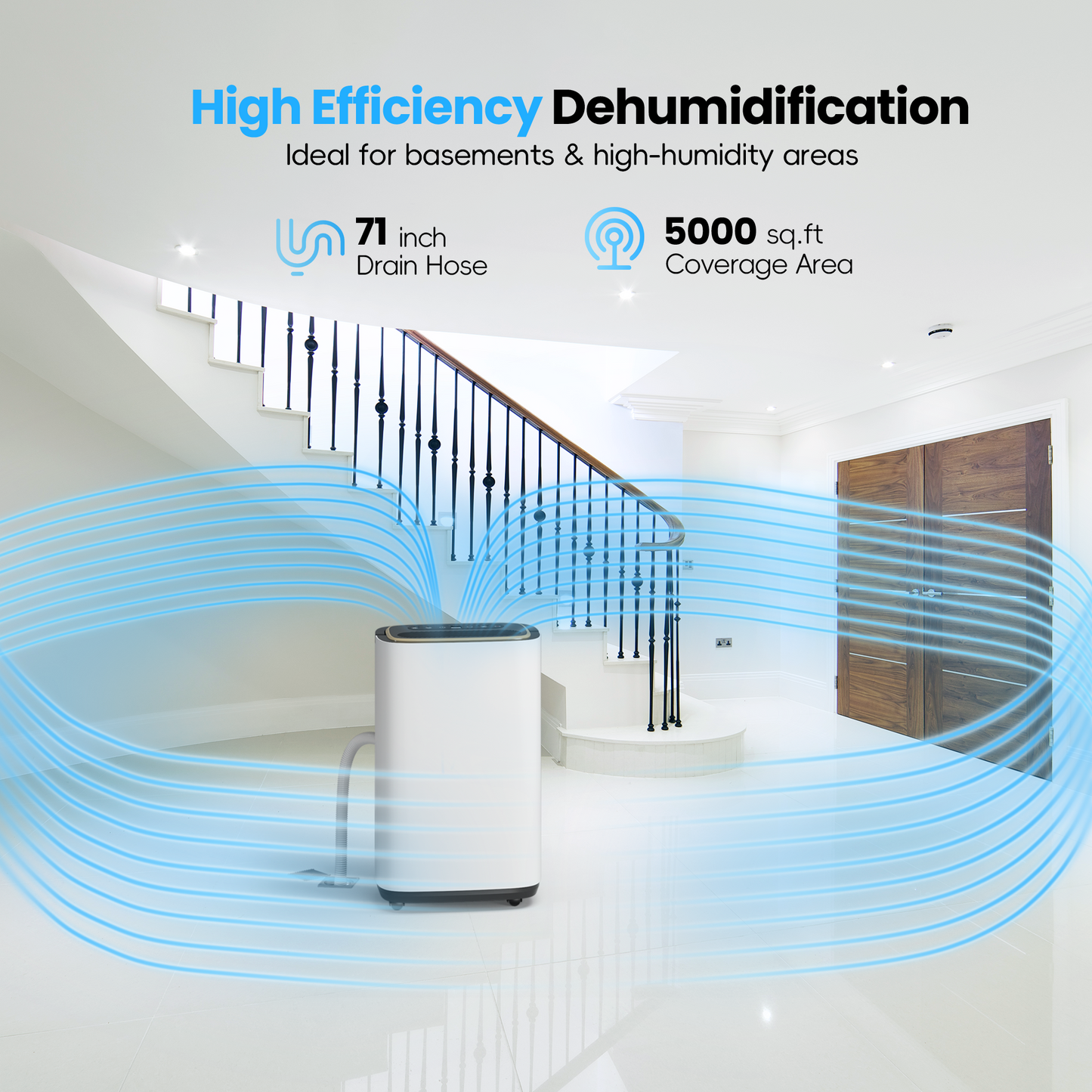 5000 Sq.Ft Dehumidifier, 50PT/24H Dehumidifiers with Hose for Home, Large Electric Dehumidifier for Bedroom Office, Basement, Laundry, Dehu/Dry/Air Mode, Humidity Display, Timer, Drainage Hose