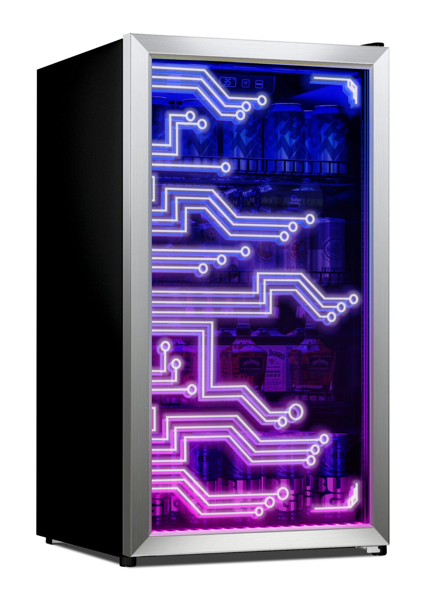 Illuminated Beverage Cooler with LED Lighting, 120-Can Capacity, Adjustable Temperature Control, Freestanding Mini Fridge for Drinks, Energy-Efficient Glass Door Display