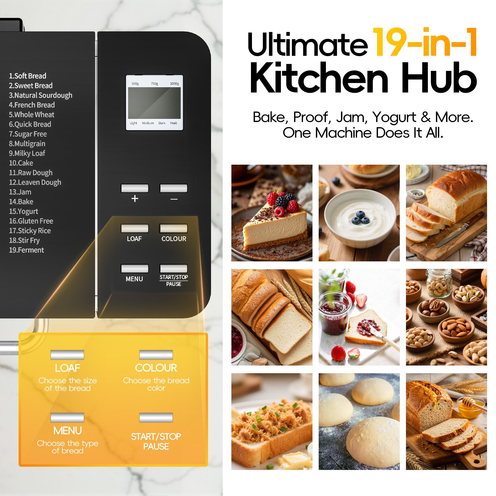 19-in-1 Bread Maker Machine with Reservation Function, 2LB Stainless Steel Automatic Bread Maker with Recipes & 1 H Keep,Silver