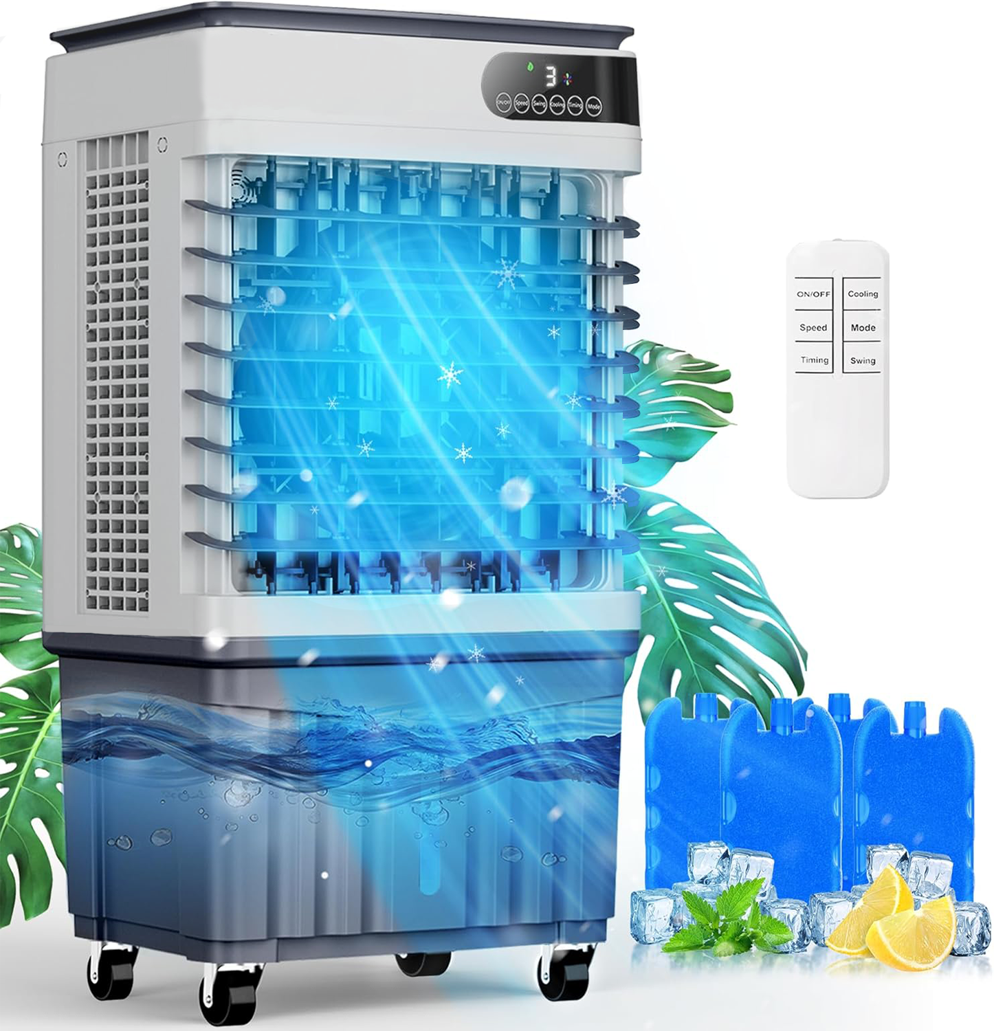 Swamp Cooler Air Conditioners, 4-IN-1 Portable Evaporative Cooler Cools Up to 600 Sq.Ft, Large 8.5Gal Tank for 24/7 Cooling, Low Noise Cooling Fan with Remote Control Fits for Large Rooms