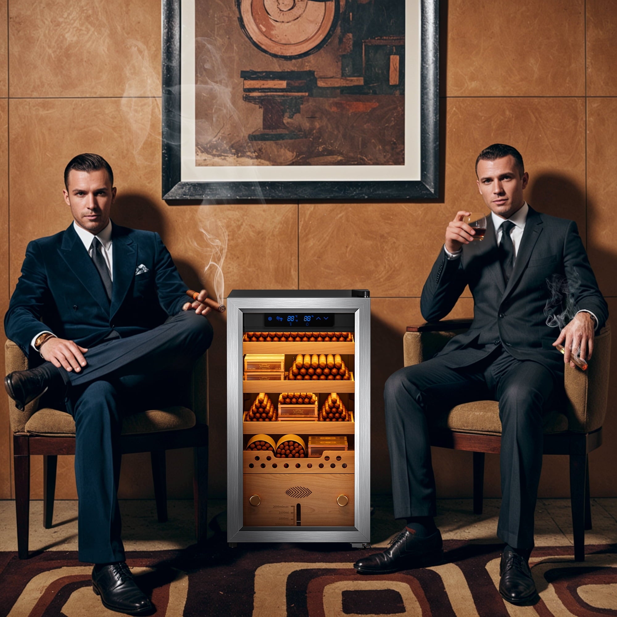 Cigar Humidor, Cigar Humidor Cabinet Light Control System with Hygrometer, Cigar Accessories Drawer