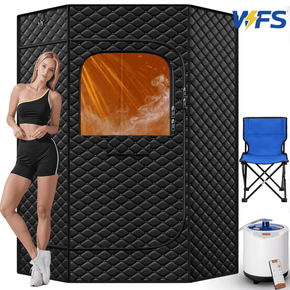 1-Person Pentagonal Steam Sauna Tent with 3L 1200W Steamer, 15-Level Temperature, 8-min Rapid Heating, 99Min-Timer, Remote Control, Folding Chair, 70" x 47" x 36", Black
