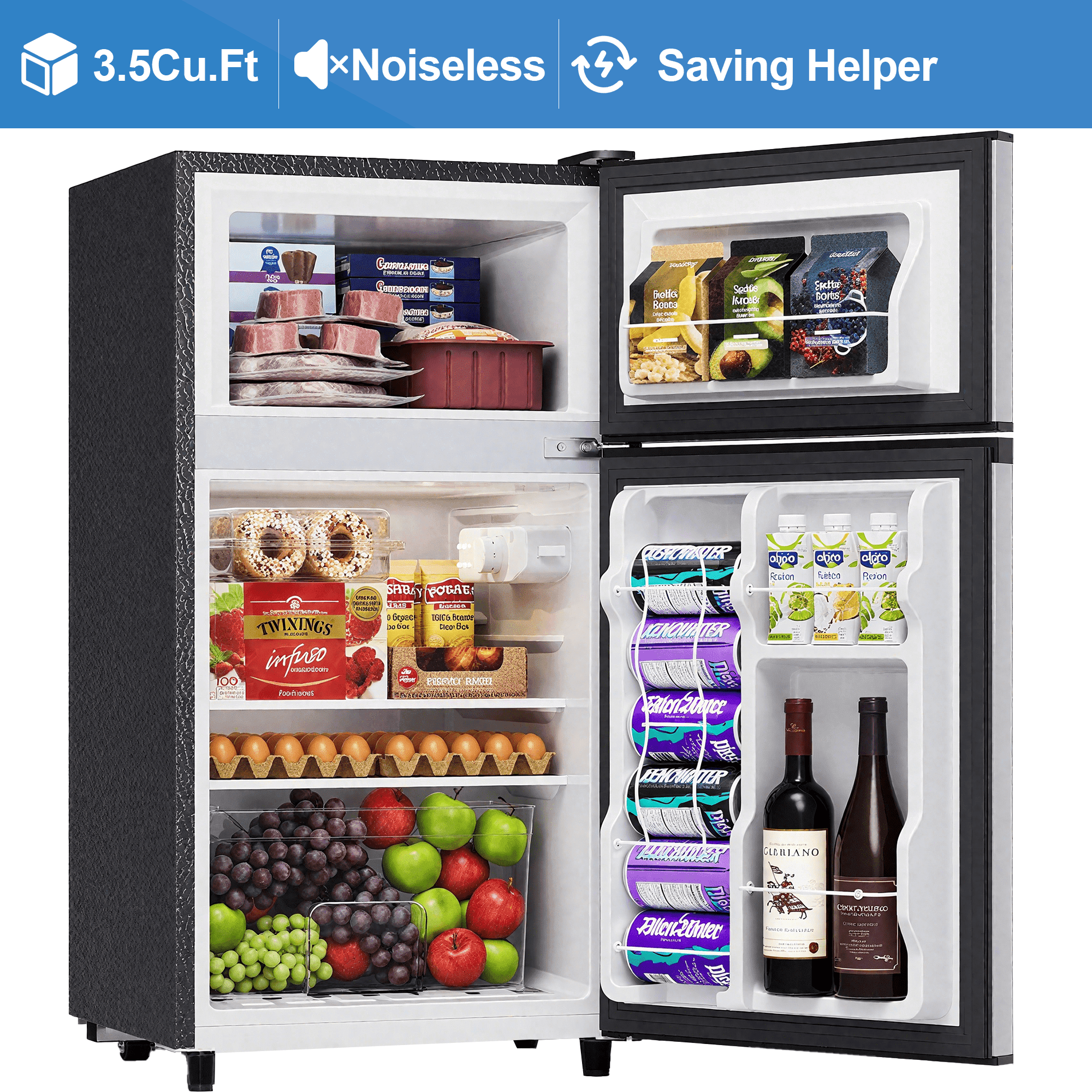 Manastin 3.5 Cu.ft Mini Fridge with Freezer, Adjustable Thermostat, Low Noise, Removable Glass Shelves, 2 Door Small Refrigerator for Kitchen, Office, Bedroom,Silver