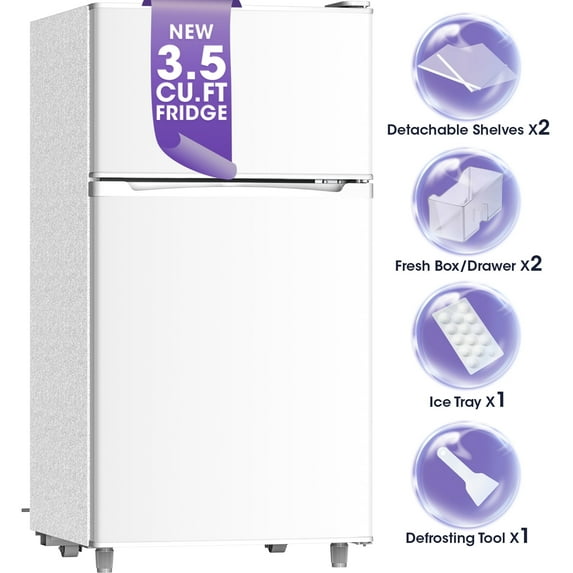 Manastin 3.5 Cu.Ft 2 Door Mini Fridge with Freezer, 7 Level Adjustable Thermostat, Small Refrigerator for Home, Office, Kitchen, Dorm and Bedroom (Pearl White)