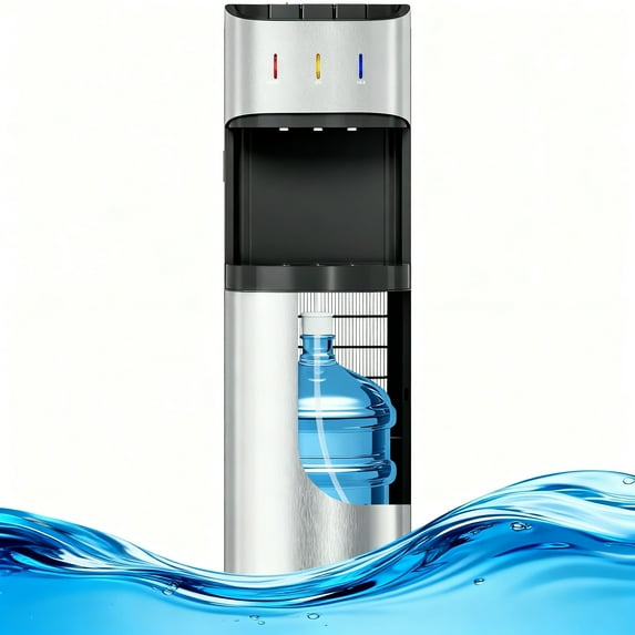 Manastin Bottom Load Water Cooler Dispenser for 5 Gallon Bottles, 3 Temperatures (Hot, Cold, and Room), Rapid cooling, LED Lighting, Empty Bottle Alert, Silver