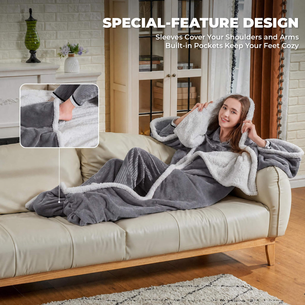 Wearable Heated Blanket with Sleeves & Foot Pocket