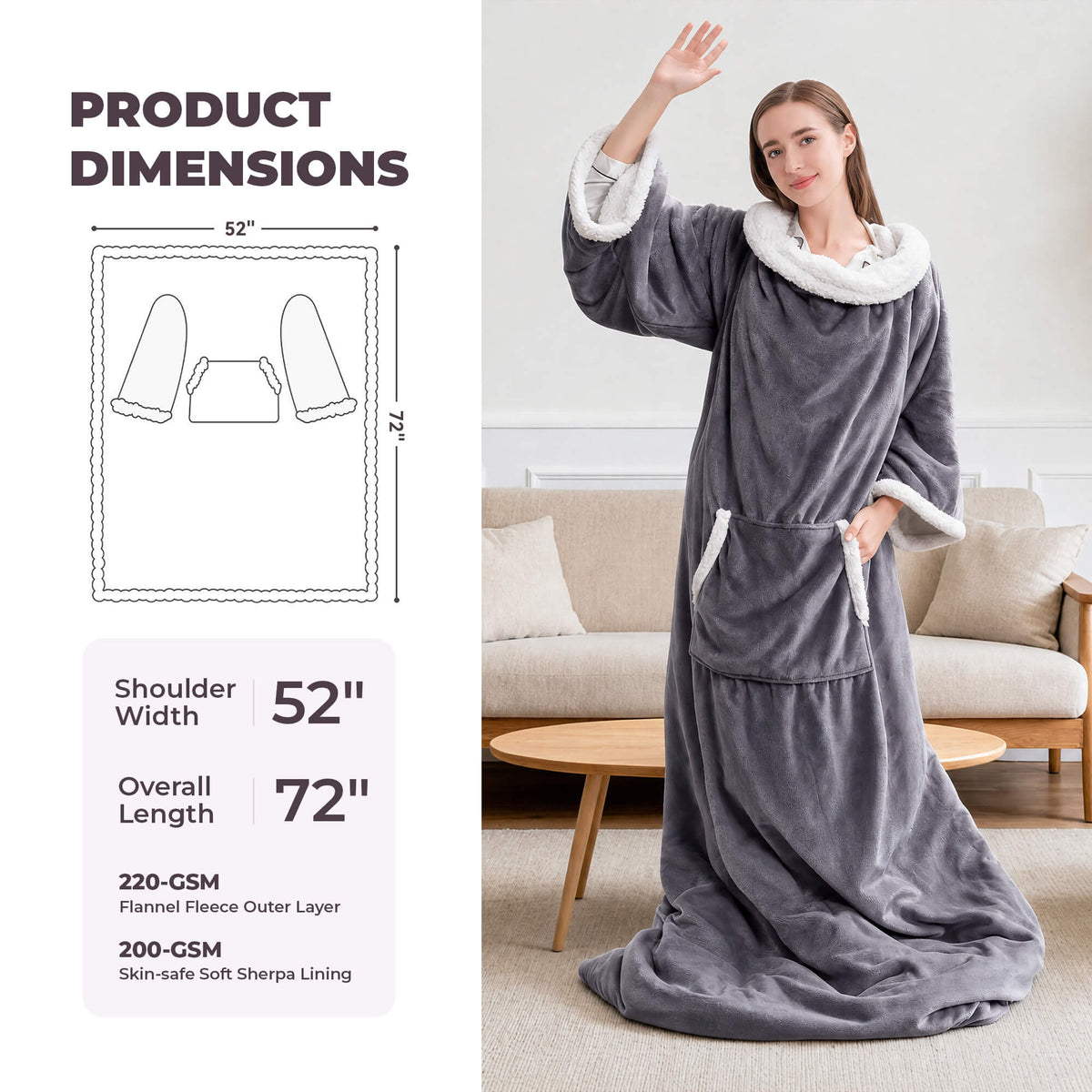 Wearable Heated Blanket with Sleeves & Foot Pocket