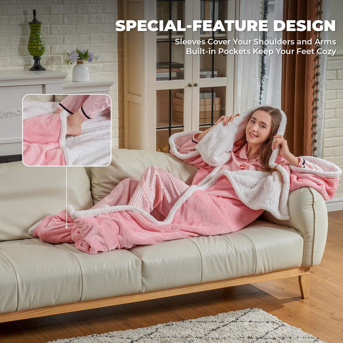 Wearable Heated Blanket with Sleeves & Foot Pocket